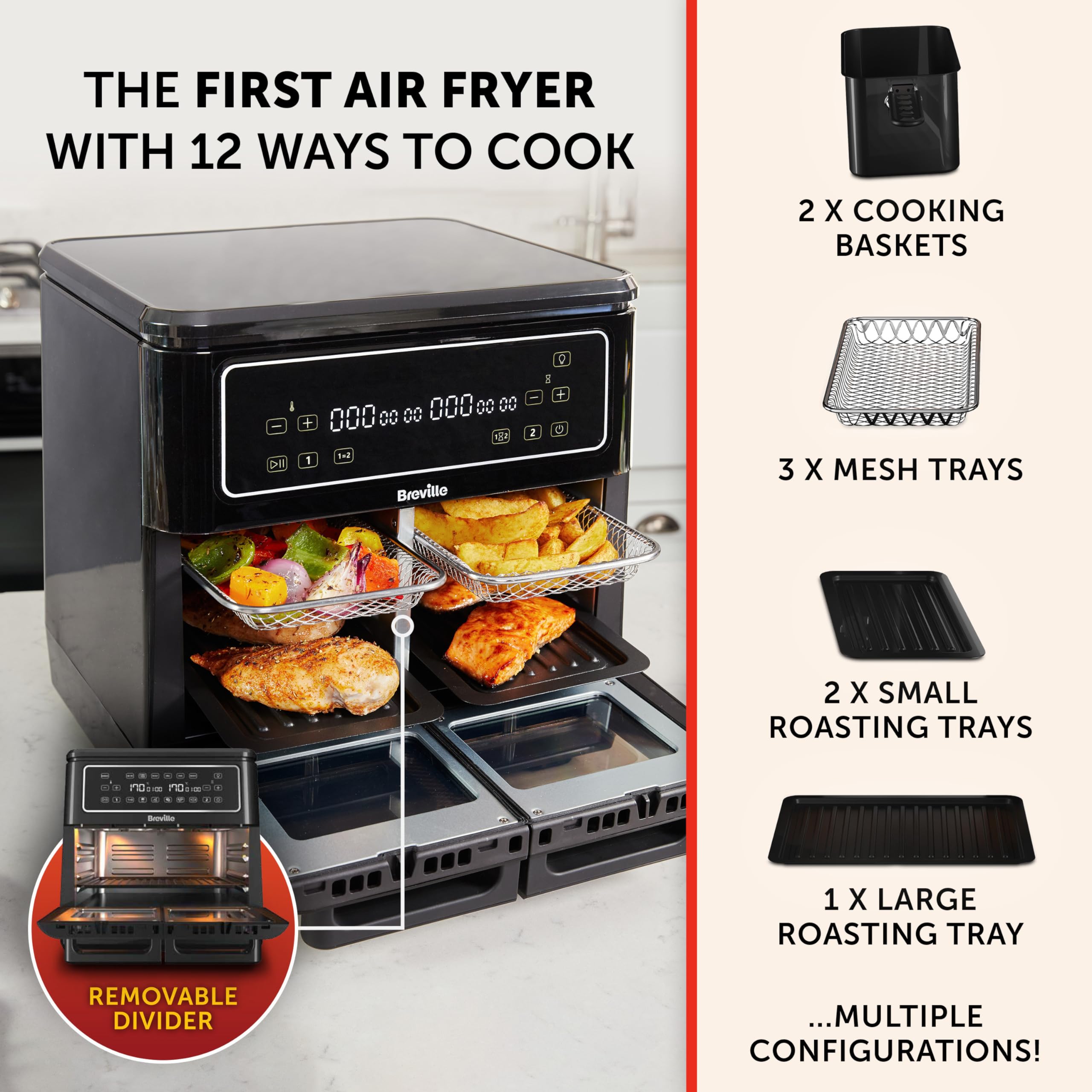 **Breville Halo Flexi Air Fryer & Large Mesh Tray – 11L Digital Dual Air Fryer Oven, 2400W – Fry, Bake, Grill, Roast & Reheat – Energy Efficient (Save £65/Year) – Black [VDF138] – Perfect for Family Meals, Quick Snacks & Healthy Cooking**