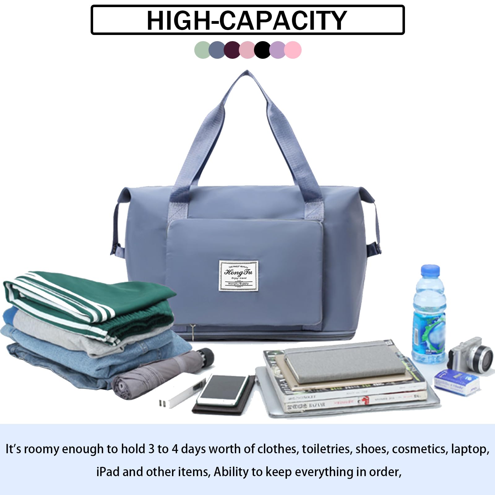 INVODA Expandable Travel Duffel Bag for Women - Waterproof Foldable Carry On Weekender Overnight Bag, Gym & Sports Tote - Perfect for Weekend Getaways, Business Trips & Gym Workouts (Blue)