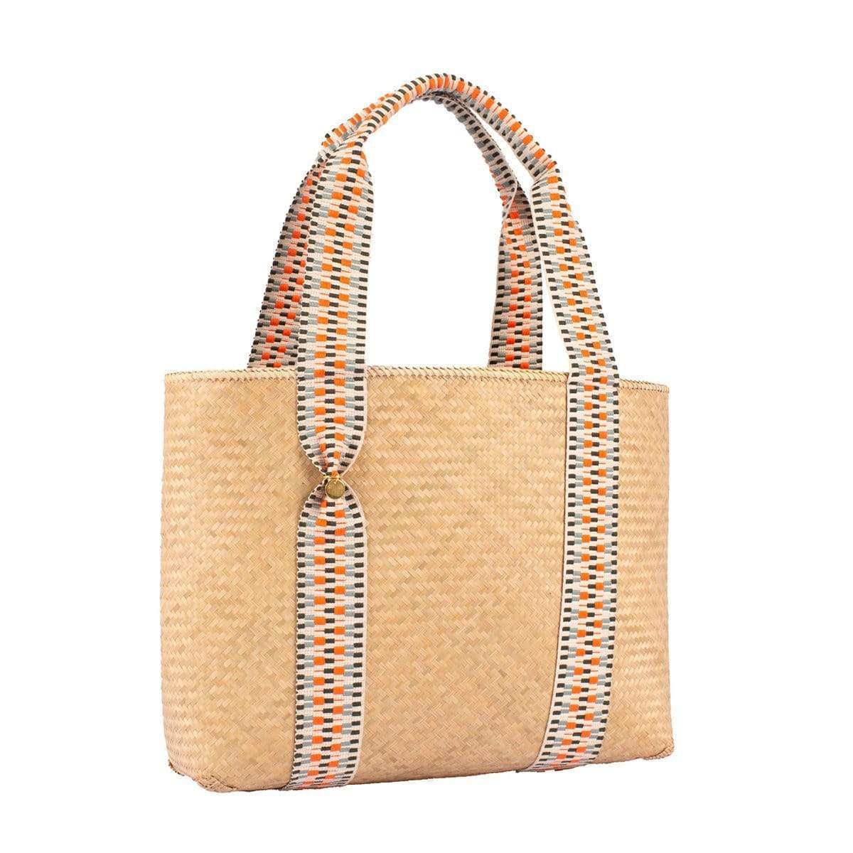 Mentawai Handwoven Bamboo Vegan Medium Tote Bag with Orange Straps | Natural Eco-Friendly Reusable Shopping Bag for Beach, Grocery & Daily Use