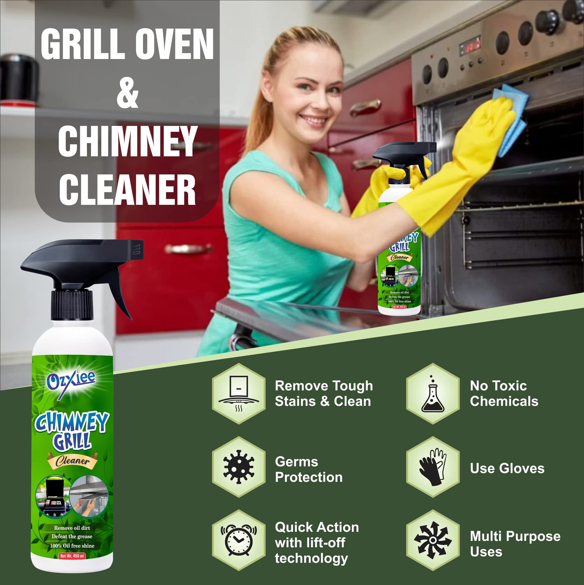 Ozxiee Chimney & Grill Cleaner Spray (450ml) - Heavy-Duty Kitchen Degreaser for Chimneys, Microwaves, Grills, Gas Stoves, Exhaust Fans & Deep Fryers | Removes Tough Grease & Oil | Ideal for Home & Commercial Kitchens