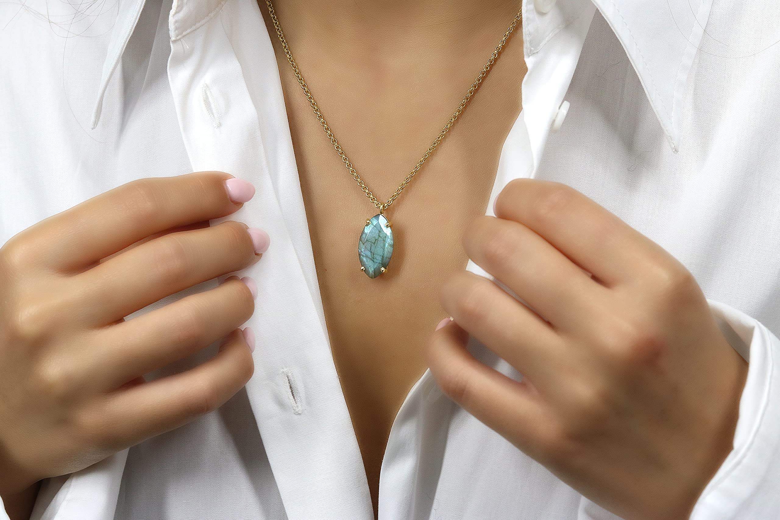 Handcrafted Marquise Labradorite Necklace - Natural Gemstone Statement Jewelry for Women | Elegant Long Pendant Boho Necklace | Perfect for Weddings, Parties & Everyday Wear