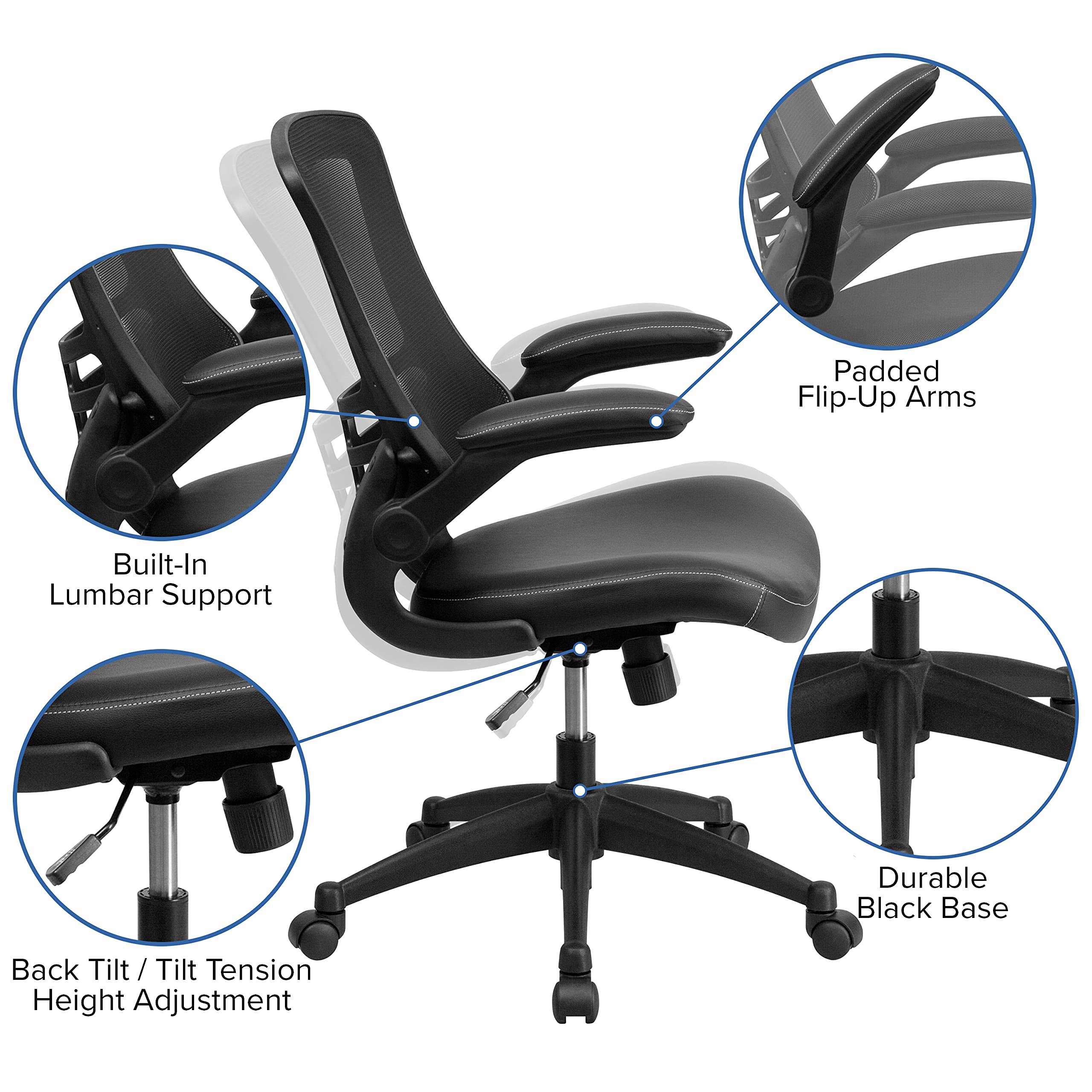 EMMA + OLIVER Ergonomic Office Chair with Wheels - Adjustable Swivel Mid-Back Mesh Chair with PU Leather Seat for Home Office, Gaming & Study - Comfortable Desk Chair for Long Hours of Work