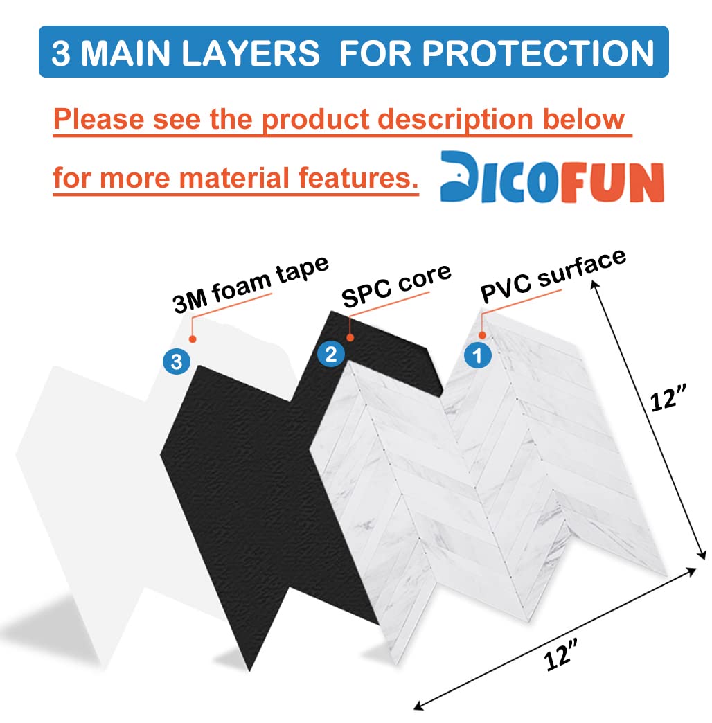 DICOFUN 10 Sheets Herringbone Peel and Stick Backsplash - White Marble Look PVC Self-Adhesive Wall Tile for Kitchen, Bathroom, Laundry Room | Easy DIY Home Renovation & Waterproof Backsplash Solution