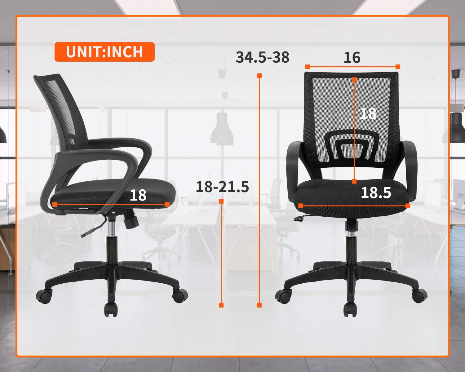Ergonomic Mesh Office Chair with Lumbar Support - Adjustable Mid-Back Computer Desk Chair with Armrests & Rolling Swivel for Home & Executive Use - Comfortable Task Chair for Long Work Hours (Black)