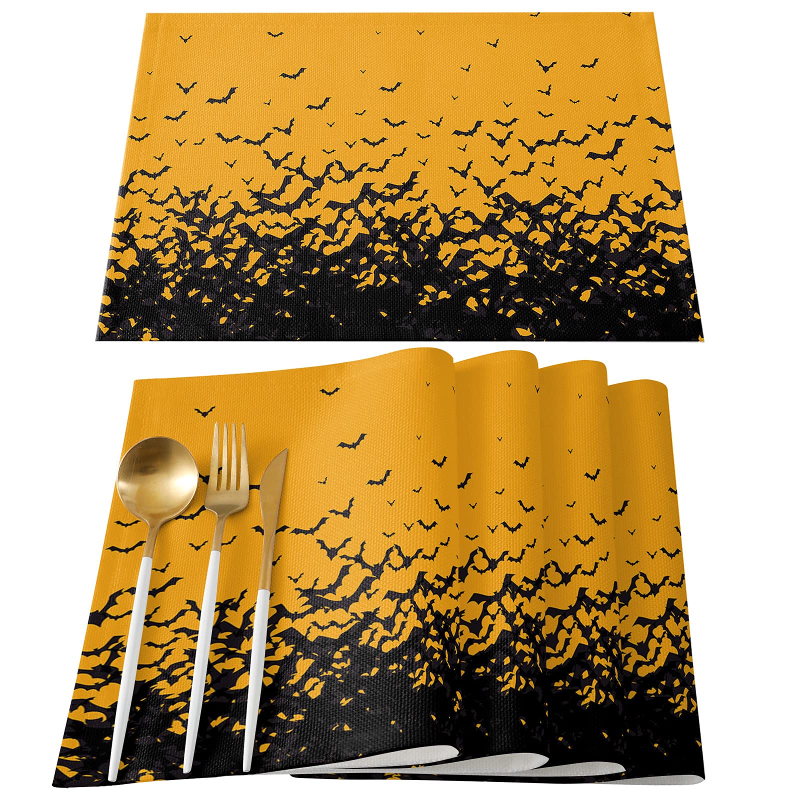 Falaniique 4-Pack Cotton Linen Placemats - Halloween Bat Design, Waterproof Burlap Table Mats for Dining, Washable & Pet-Friendly - Perfect for Halloween Parties, Thanksgiving Dinner & Everyday Use