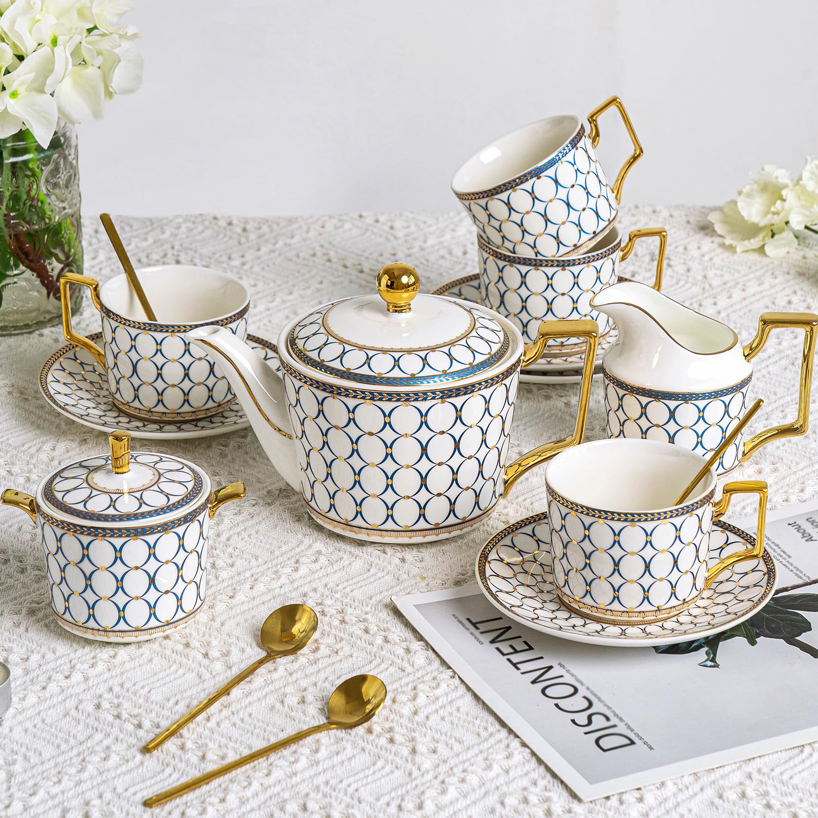 Premium Bone China Tea Cup Set - 15-Piece Elegant Tea Service for 4 with 28oz Teapot, Sugar Bowl, Creamer Pitcher & Spoons - Perfect for Afternoon Tea, Bridal Showers & Housewarming Gifts
