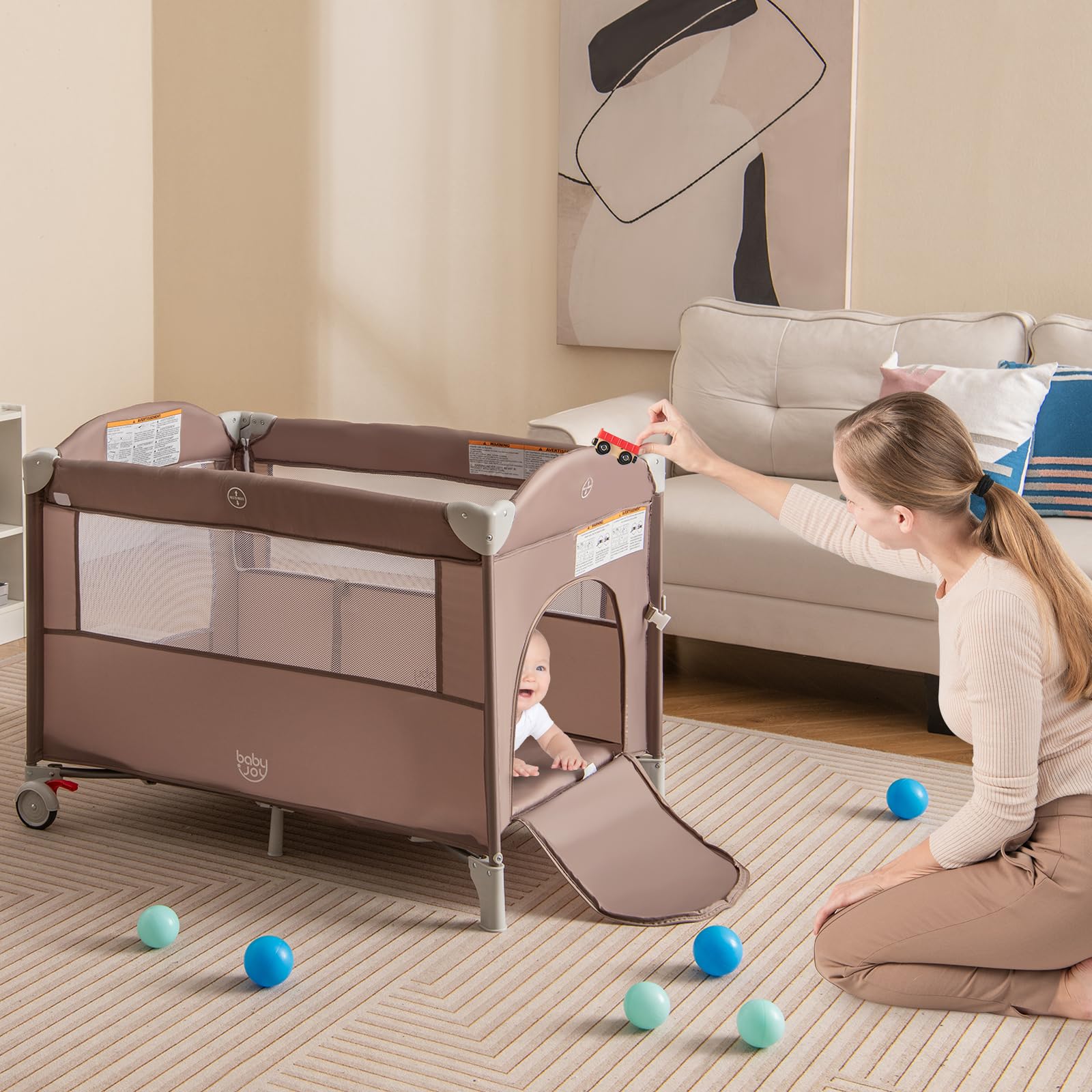 BABY JOY 5-in-1 Portable Baby Playard with Bassinet & Diaper Changer | Safe Bedside Sleeper for Newborn to Toddler | U-Shaped Changing Station, Side Zipper Entrance & Safety Strap | Coffee | Perfect for Nursery, Travel & Co-Sleeping