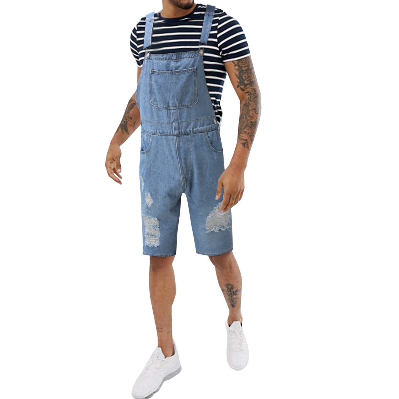 Men's Casual Strap Button Jeans Shorts - Adjustable Waist, Washed Denim, Relaxed Fit for Summer Outdoor Activities and Travel