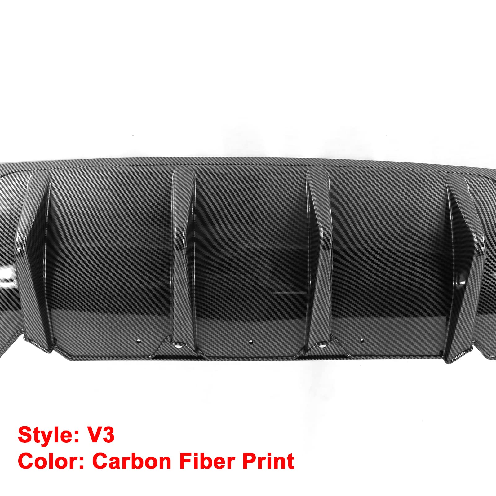IKON MOTORSPORTS V3 Style Rear Diffuser for 2015-2023 Dodge Challenger - Carbon Fiber Print PP Bumper Lip Spoiler with Shark Fins | Aggressive Styling Upgrade for Street Racing & Car Shows