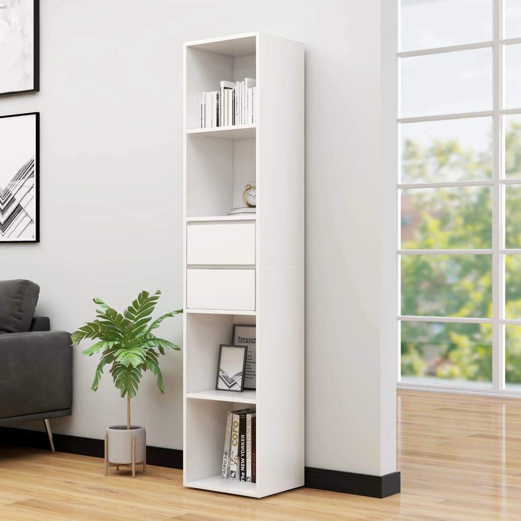Modern White Bookcase with 2 Drawers - Storage Shelves for Home Office, Open Display Shelf & Plant Stand - Perfect for Living Room, Bedroom, and Workspace Organization