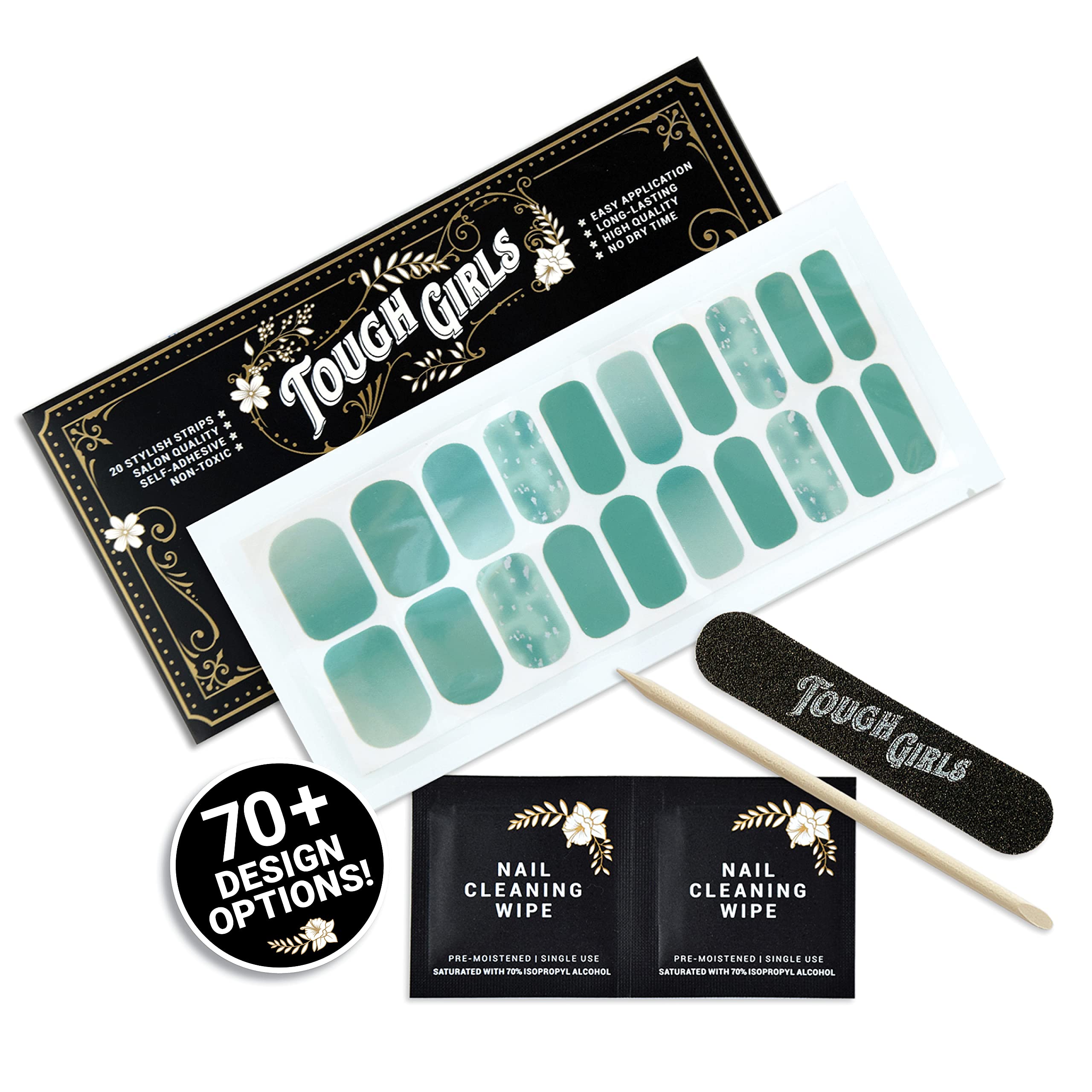 TOUGH GIRLS | 20 Exquisite Gel Nail Polish Strips with Application Accessories - No UV/LED Lamp Needed (Seafoam & Silver Speckles) - Perfect for DIY Manicures at Home, Parties & Gifts