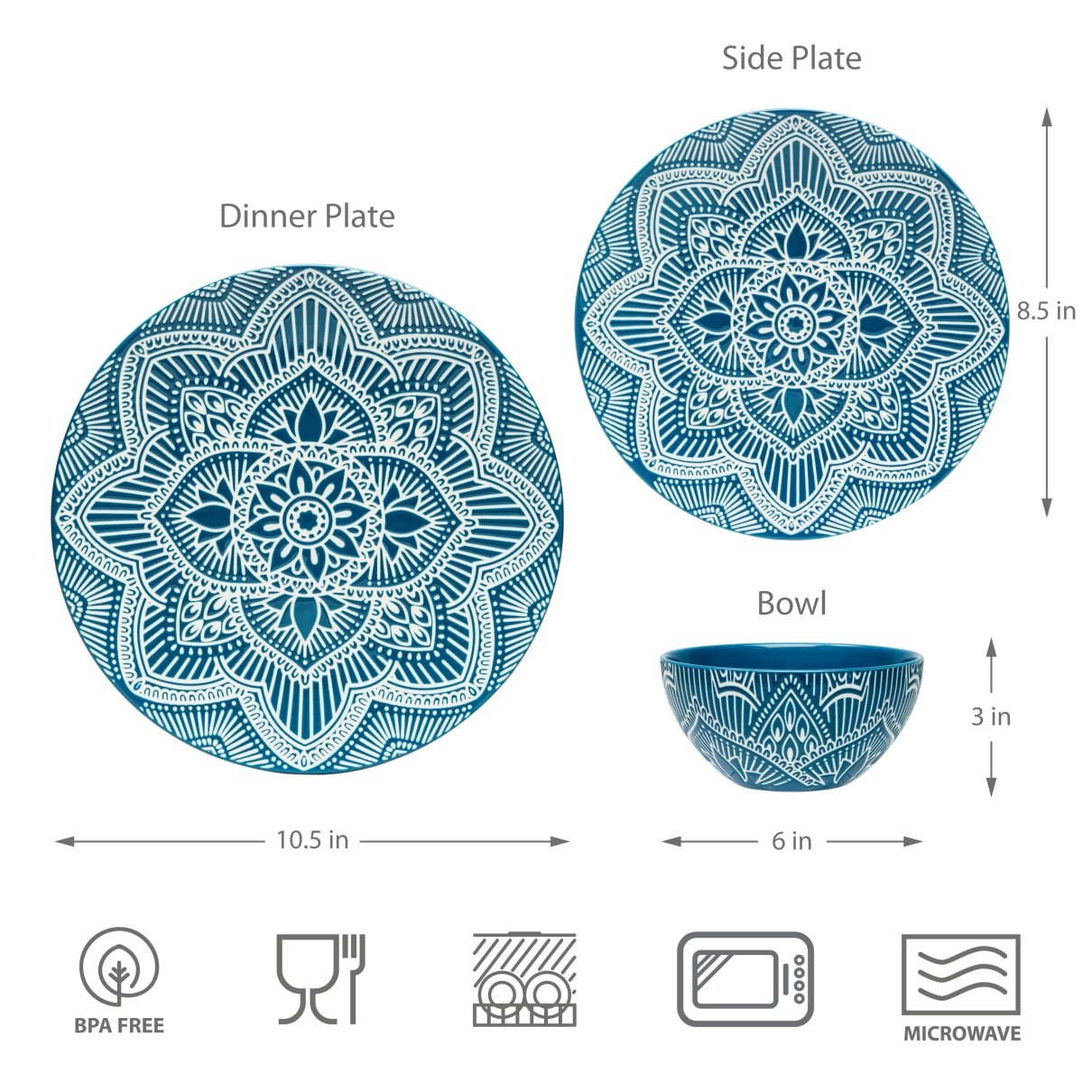 12-Piece Ceramic Dinnerware Set - Plates & Bowls with La La Mandala Blue Design for Everyday Dining, Parties & Home Decor