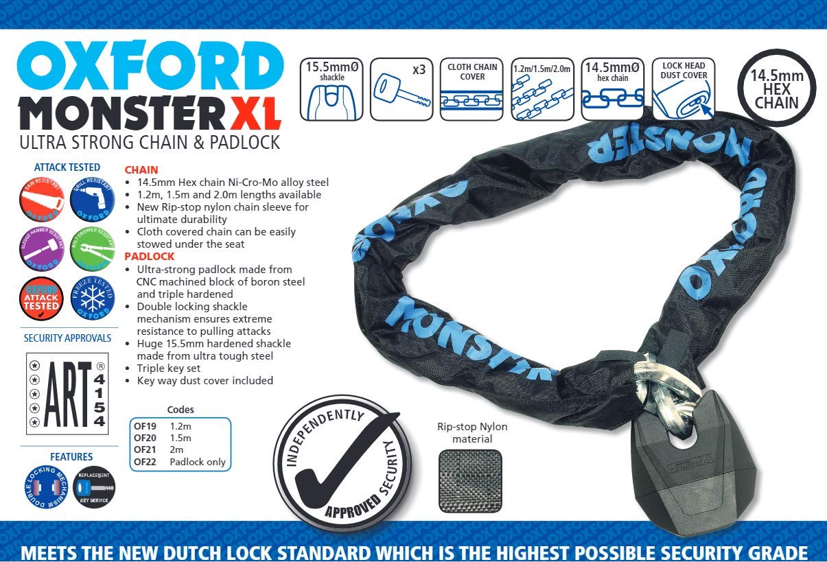 Oxford Monster XL Lock and Chain - Heavy Duty Bicycle & Motorcycle Security Lock for Outdoor Use - Secure Your Bike, Scooter, or Motorcycle in High-Theft Areas