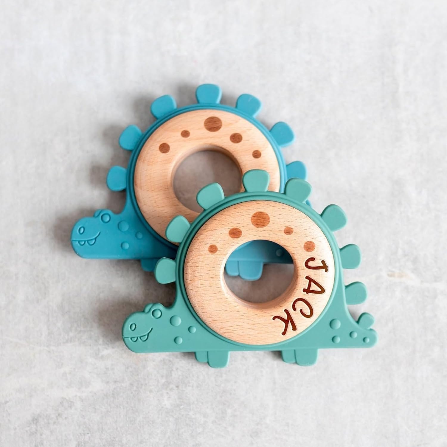 Personalized Baby Boy Gifts - Custom Wood & Silicone Teething Ring with Laser Engraved Name - Natural Dinosaur Teether for Newborns - Unique Baby Shower Gift with Gift Bag (Blue) | Perfect for New Parents, Baby Showers & First Birthday Presents