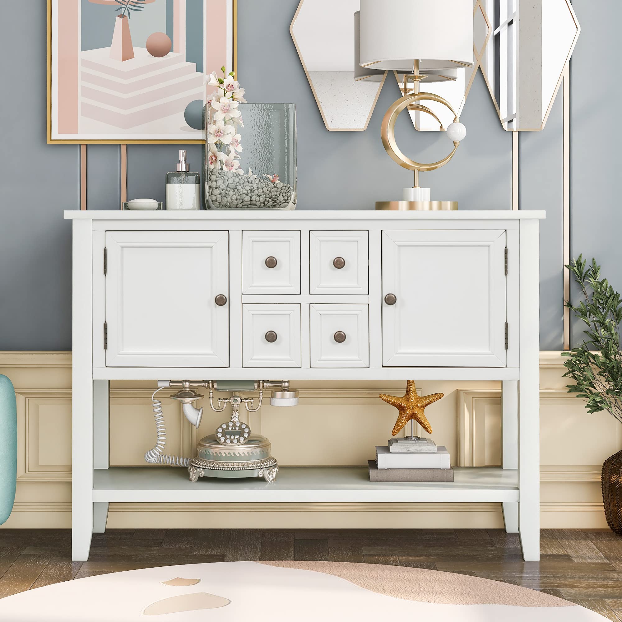 46 Inch Solid Wood Console Table with 4 Drawers & 2 Doors - Buffet Sideboard Sofa Table with Bottom Display Shelf for Living Room, Kitchen, Dining Room, Entryway & Hallway - Perfect for Home Storage & Display Decor