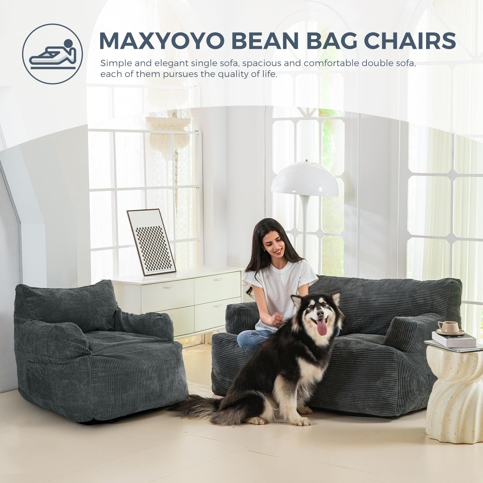 MAXYOYO Oversized 2-Seater Bean Bag Chair for Adults - Dark Grey Loveseat Bean Bag Couch with Filler | Perfect for Living Room, Game Room & Dorm Relaxation