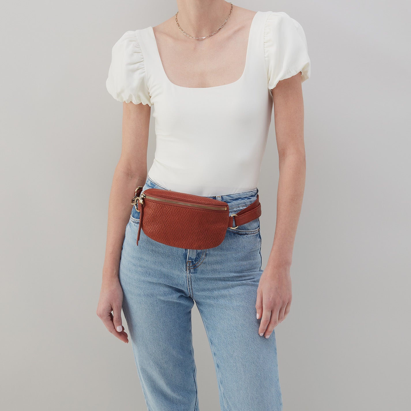 Soft Embossed Leather Fern Belt Bag in Tuscan Brown - Stylish Waist Pack for Hiking, Travel & Everyday Use
