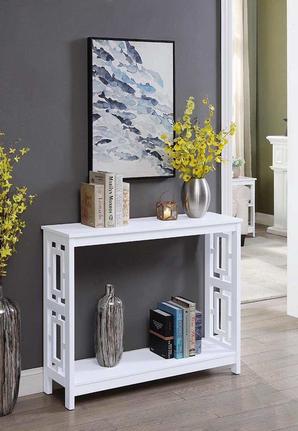 Convenience Concepts Town Square Console Table - Modern White Entryway Table for Hallway, Living Room & Home Decor