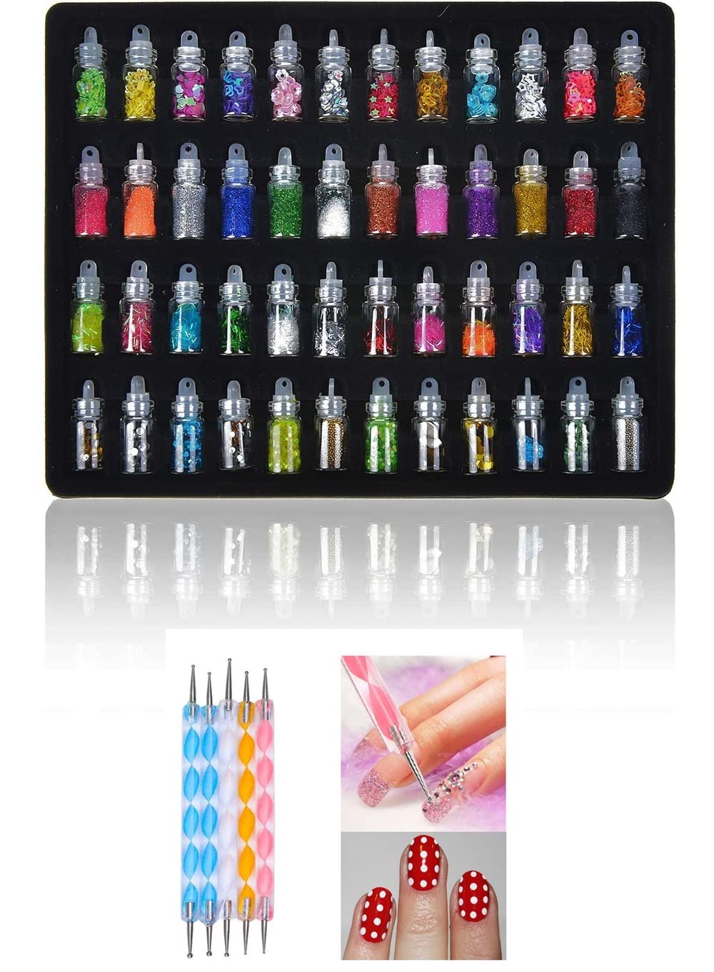 53 Pcs Professional Nail Art Kit with 48 Colors 3D Glitter & 5 Dual-Ended Dotting Tools | Complete Nail Design Set for Manicure, Pedicure & DIY Nail Art | Perfect Gift for Women, Girls & Teens