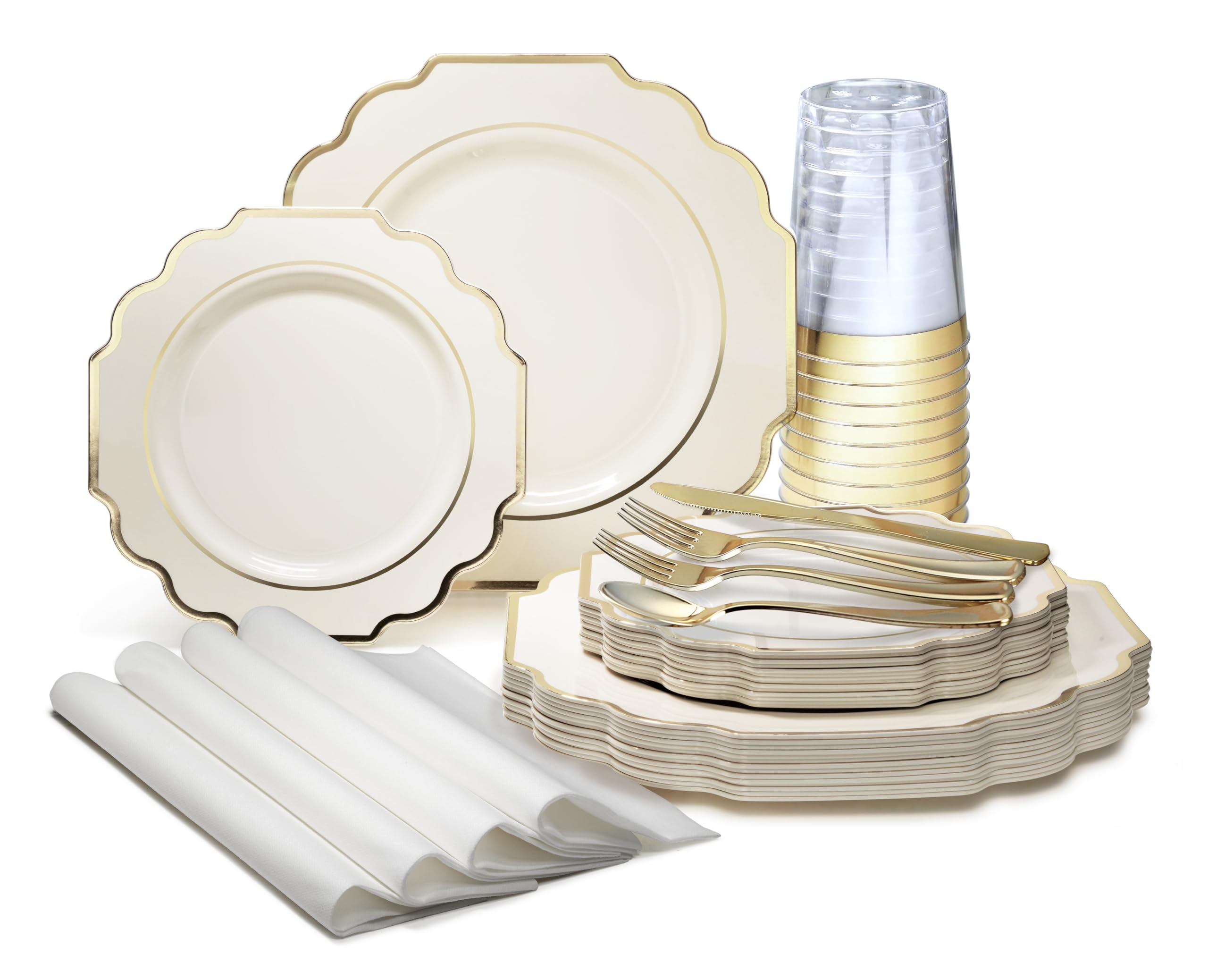 640-Piece Heavyweight Disposable Plastic Plate Set for 80 Guests - 10.5'' & 8'' Plates, Silverware, Cups, Napkins in Imperial Ivory & Gold - Perfect for Weddings, Parties, Catering & Special Events