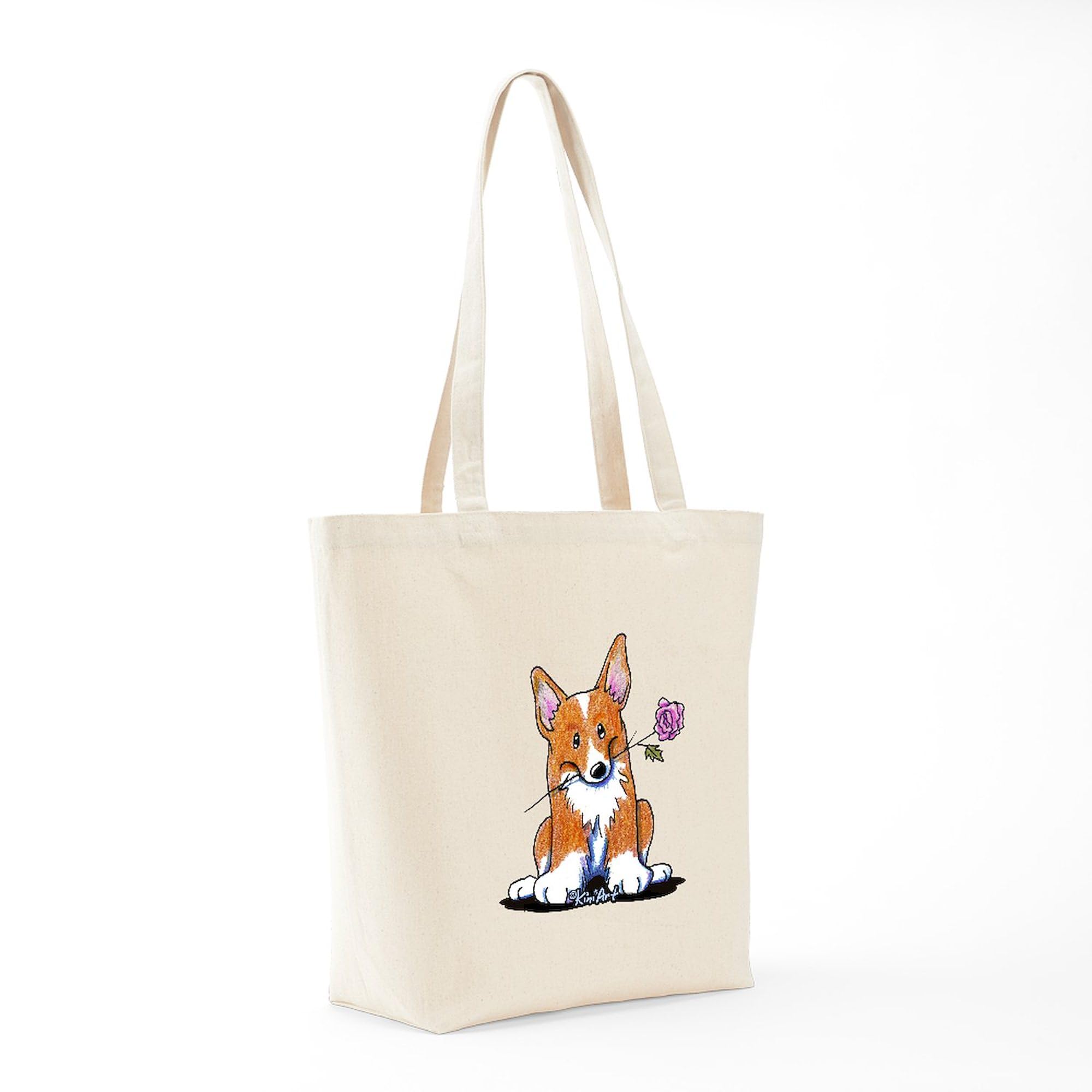CafePress Corgi with Flower Canvas Tote Bag - Natural Reusable Grocery Shopping Bag for Women, Beach, Farmers Market & Everyday Use
