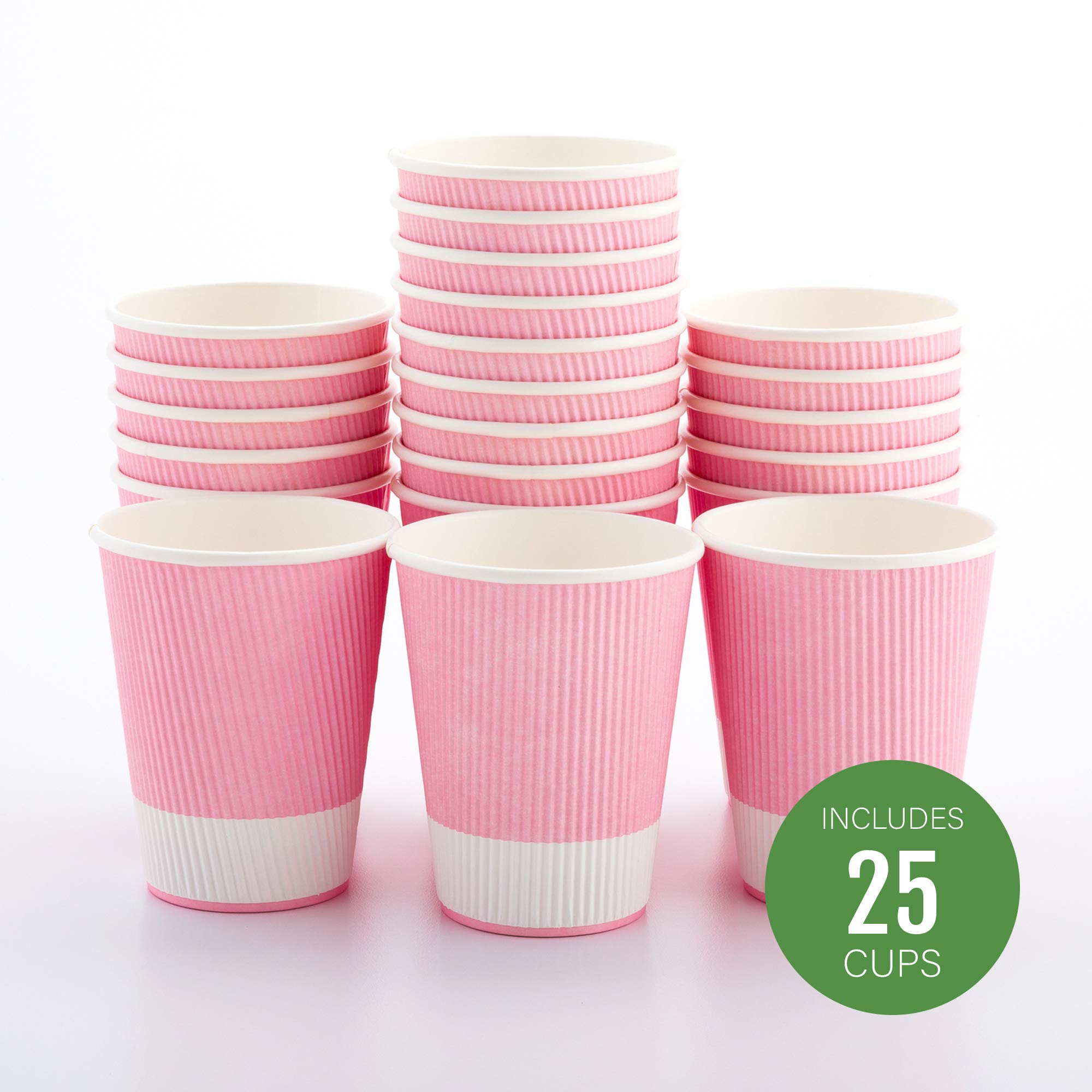 12oz Disposable Coffee Cups with Ripple Wall - 25 Pack Insulated Hot Cups for Coffee, Tea & More | Rolled Rim, Light Pink Paper | Lids Sold Separately | Perfect for Cafes, Offices & Home Use