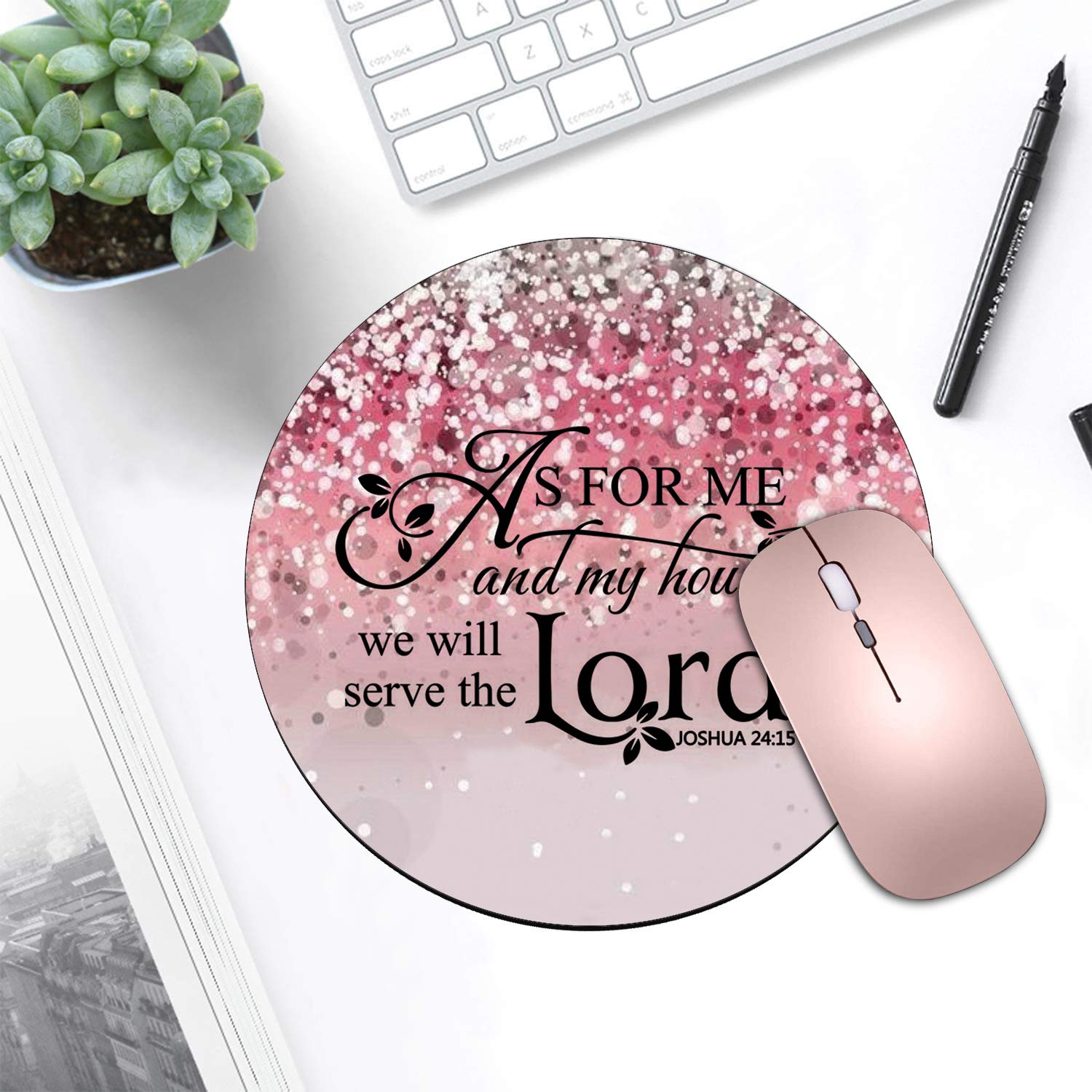 Pink Glitter Round Mouse Pad and Coasters Set with Non-Slip Rubber Base - Inspirational Joshua 24:15 Bible Verse Design - Perfect for Laptop, Computer, Office & Home Workspace Decor