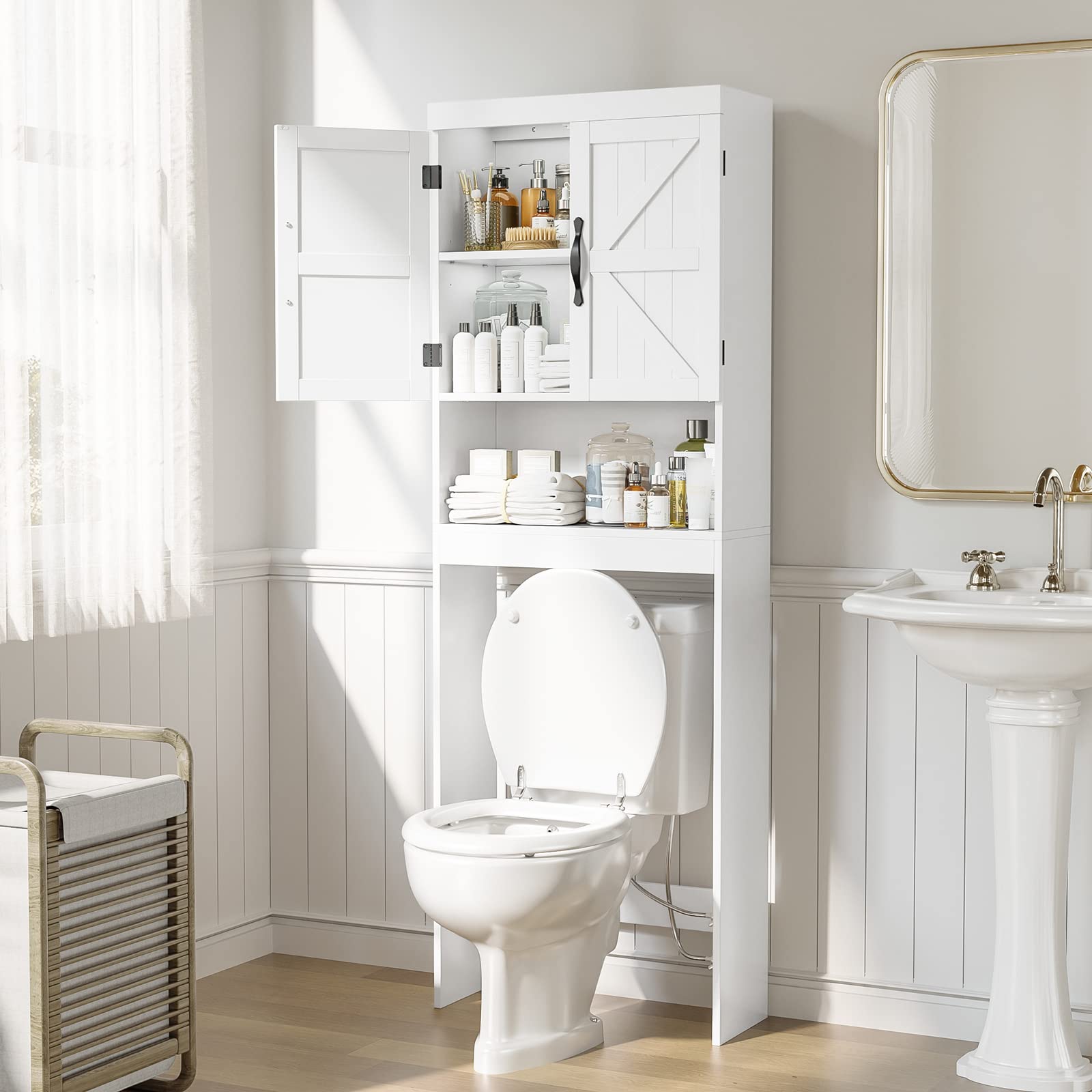 SRIWATANA Over The Toilet Storage Cabinet - White Bathroom Space Saver with Adjustable Shelves, 2-Door Organizer for Toilet Paper & Bath Essentials - Perfect for Small Bathrooms & Apartment Living