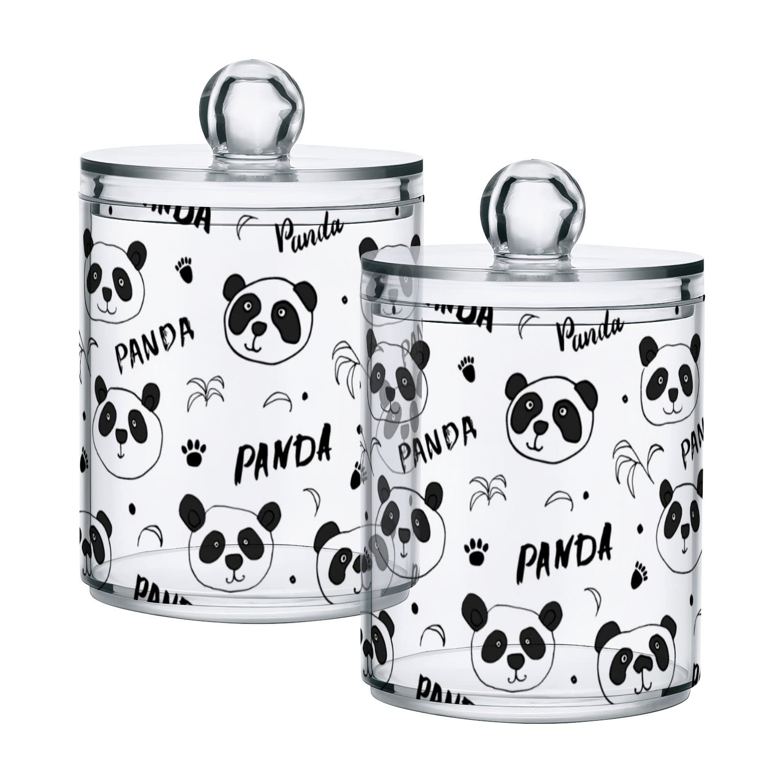 Hand-Drawn Black Panda & Leaf Doodle Design White Plastic Storage Jars with Lids (Set of 2) - 10oz Translucent Food Containers for Tea, Cookies, Cotton Swabs | Perfect for Kitchen Pantry Organization, Snack Storage & DIY Canning