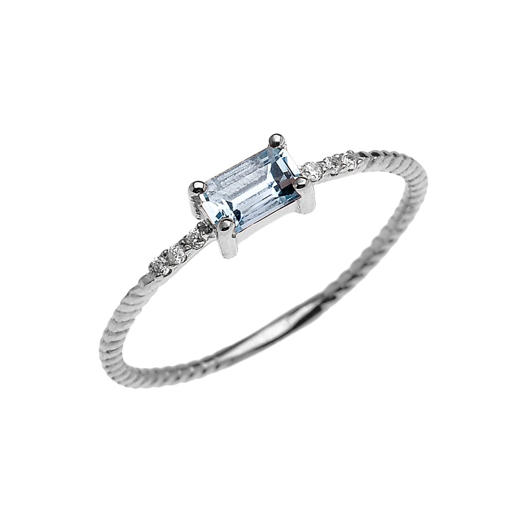 14K White Gold Emerald Cut Aquamarine Solitaire Engagement Ring with Diamond Accents & Fluted Rope Band - Perfect for Proposals, Anniversaries & Special Occasions