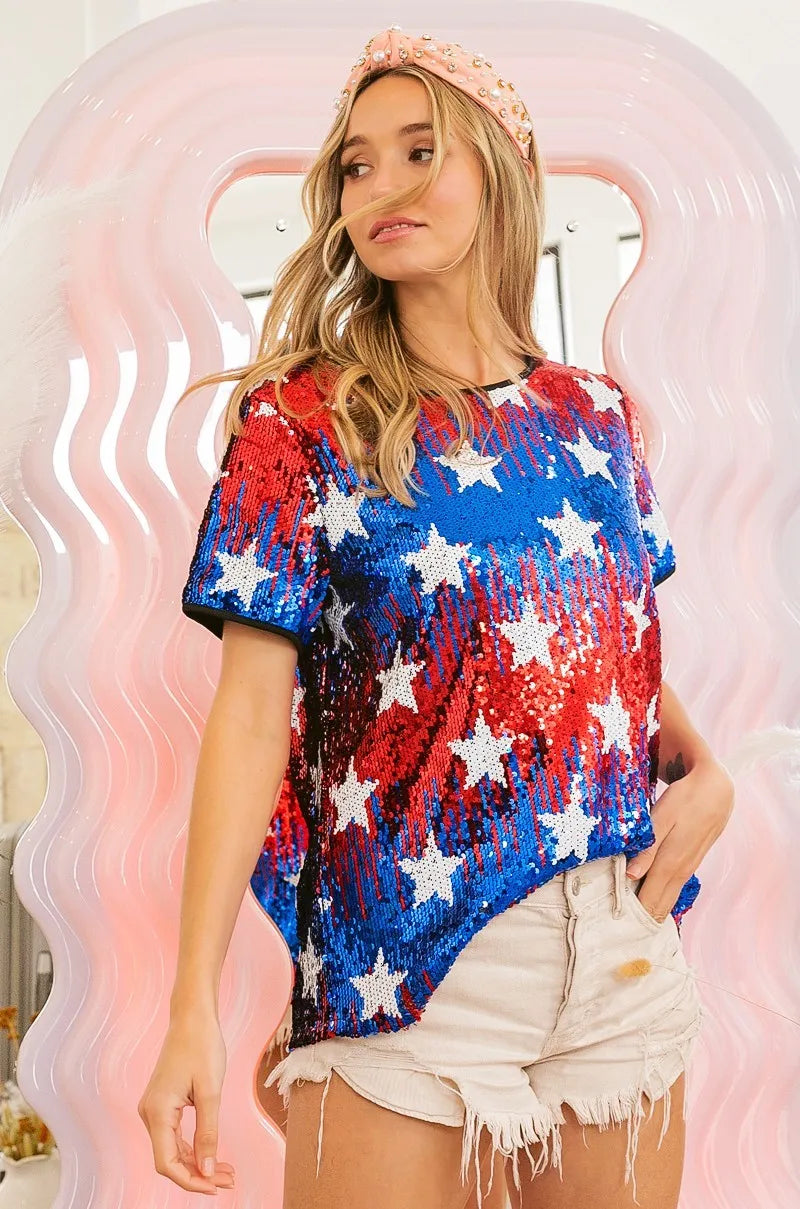 BiBi American Flag Star Sequin Top for Women | Patriotic Party Outfit | Perfect for 4th of July, Independence Day & Festive Celebrations