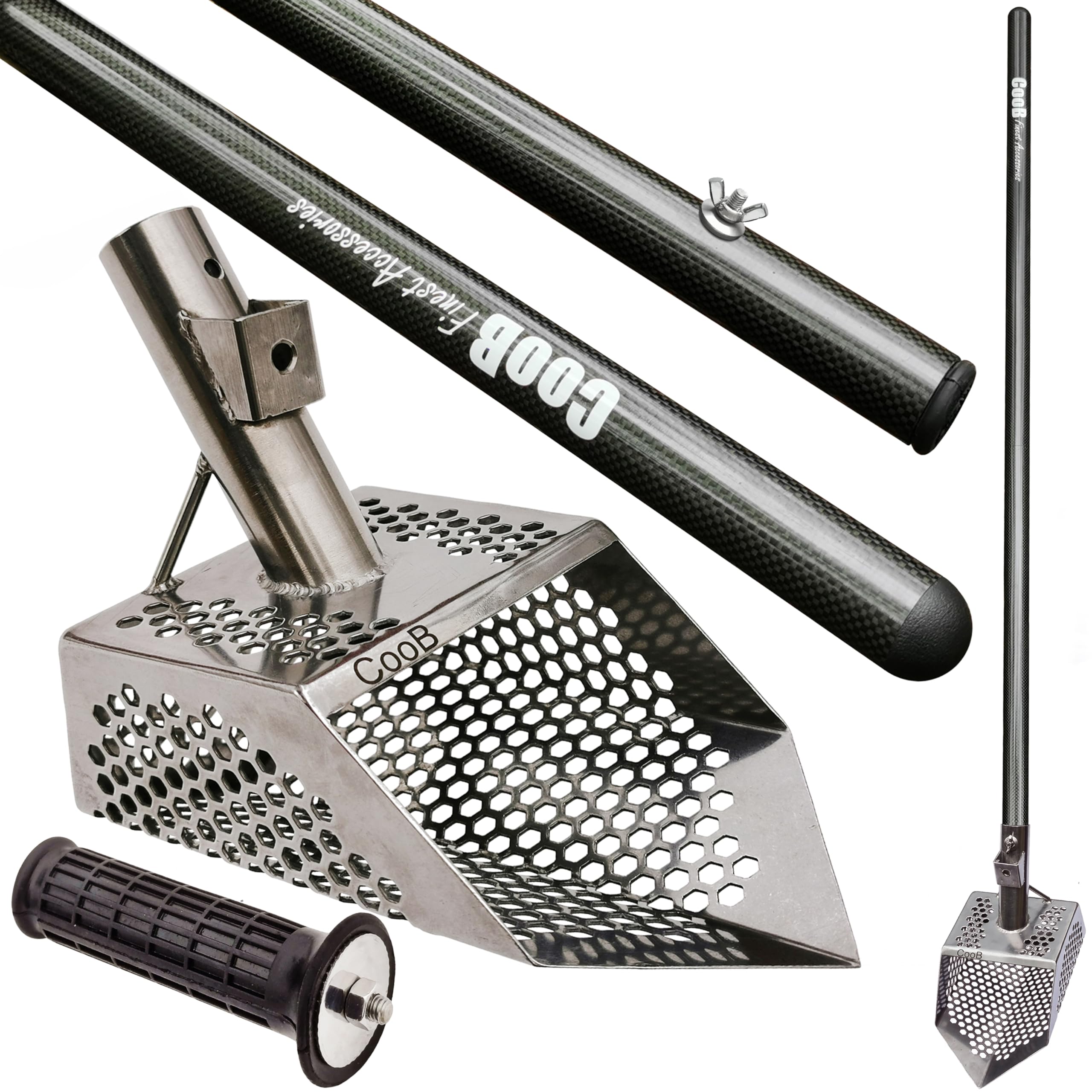 Premium Stainless Steel Beach Sand Scoop for Metal Detecting - CooB Shark v7 Treasure Hunting Tool with Carbon Fiber Handle | Lightweight, Durable & Travel-Friendly | Perfect for Beach, Park & Outdoor Metal Detecting Adventures