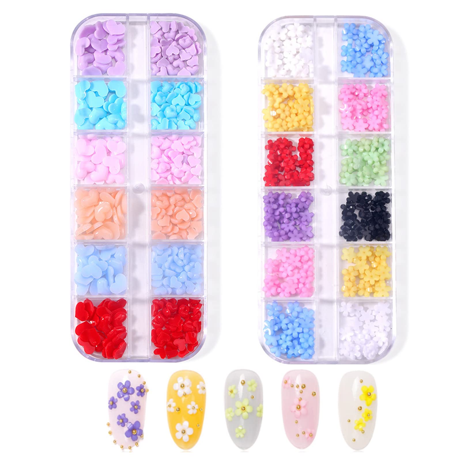 3D Flower Heart Nail Charms - 2 Boxes 24 Grids Flat Back Nail Art Flowers for DIY Manicure | Acrylic Nail Art Supplies for Women & Girls | Perfect for Wedding, Party, Valentine's Day Nail Decoration