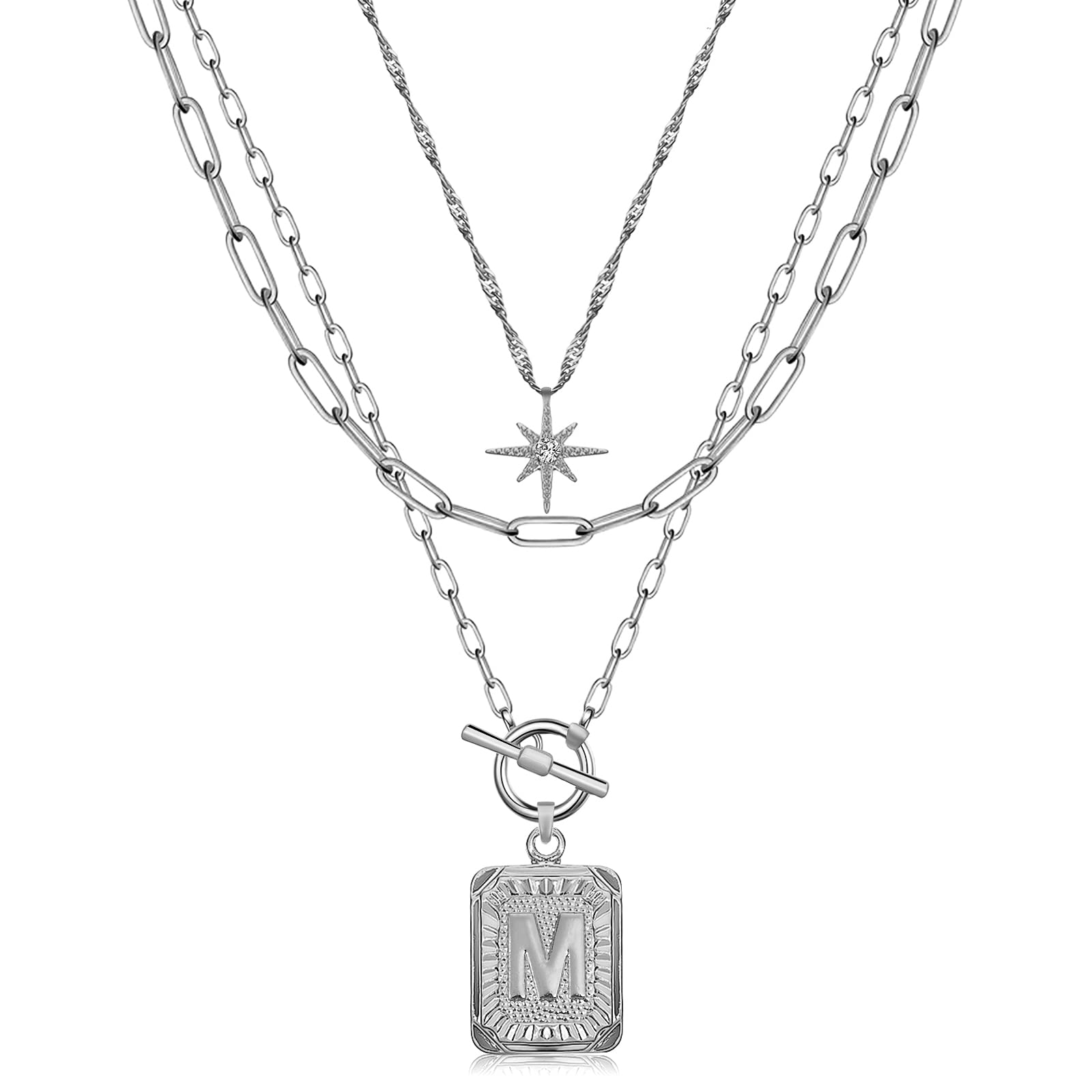 MJartoria 14K Gold Plated Layered Initial Necklace for Women - Trendy Star Choker with Square Letter Pendant & Paperclip Chain - Elegant Gold Necklace Jewelry Gift for Her - Perfect for Date Night, Anniversary or Birthday Present