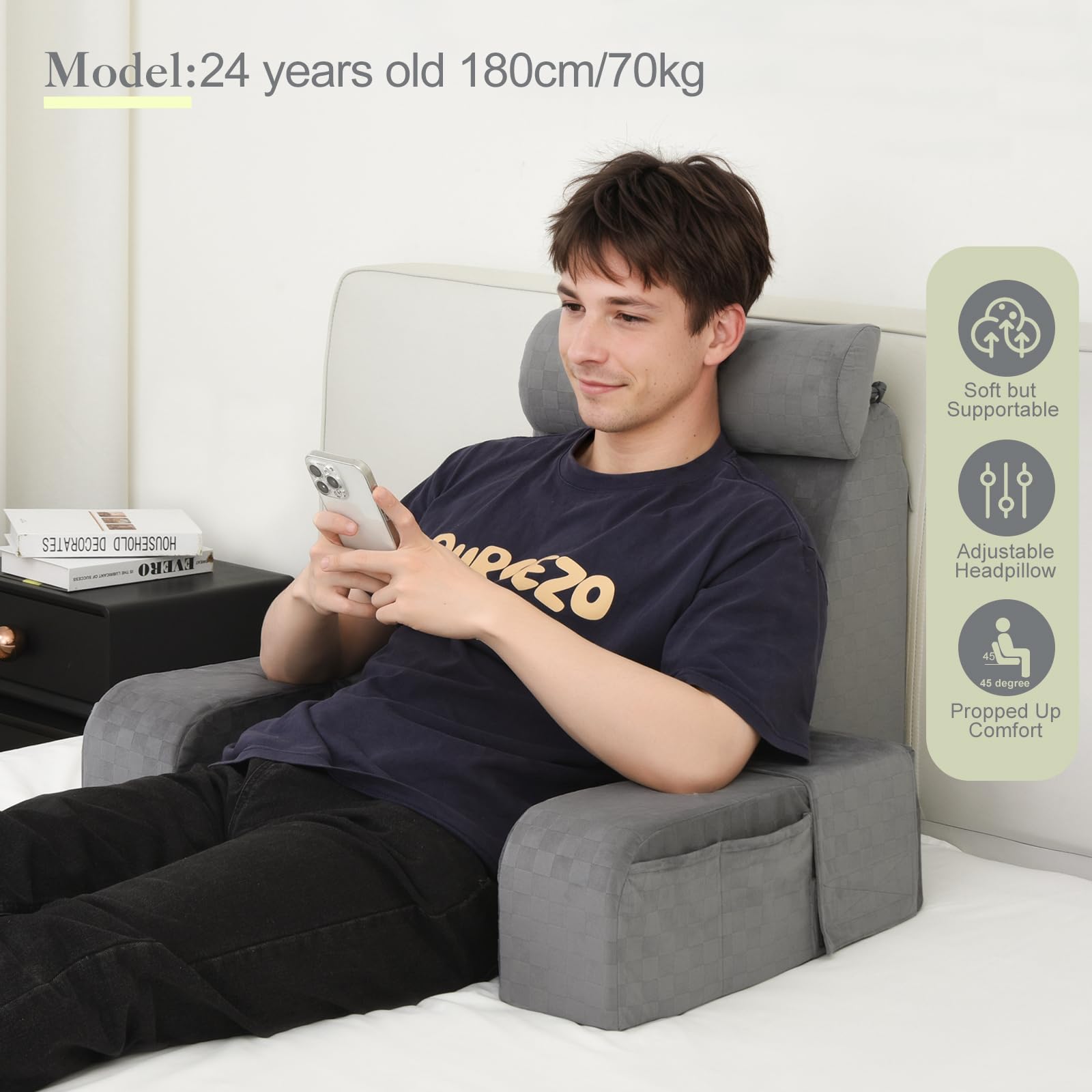 Vekkia Reading Pillow for Adults - Adjustable Backrest Support Pillow with Arms & Large Pockets - Perfect for Bed, Floor, Sofa - Ideal for Reading, Gaming, Working, Watching TV & Relaxing - 19 Inch Grey