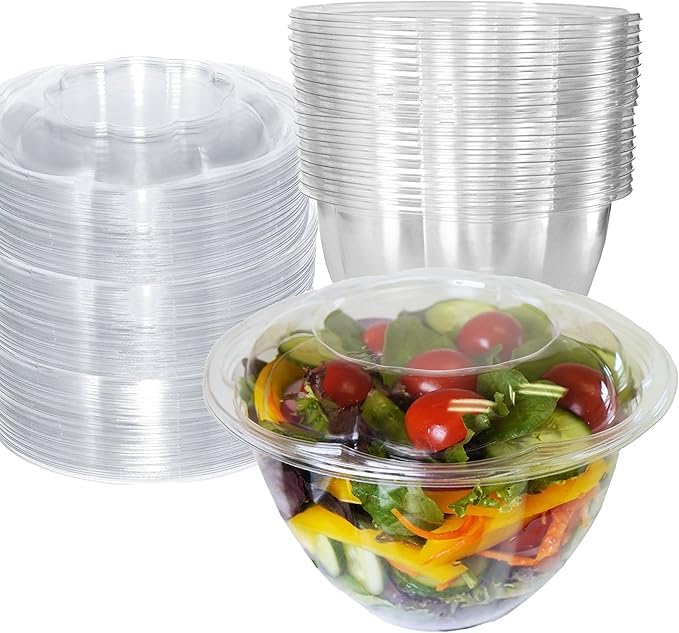 48oz Clear Disposable Salad Bowls with Lids (600 Pack) - BPA-Free Plastic Food Storage Containers for Meal Prep, Takeout, Picnics & Parties | Airtight Leakproof Design Keeps Salads, Fruits & Leftovers Fresh | Perfect for Restaurants, Catering & Home Use