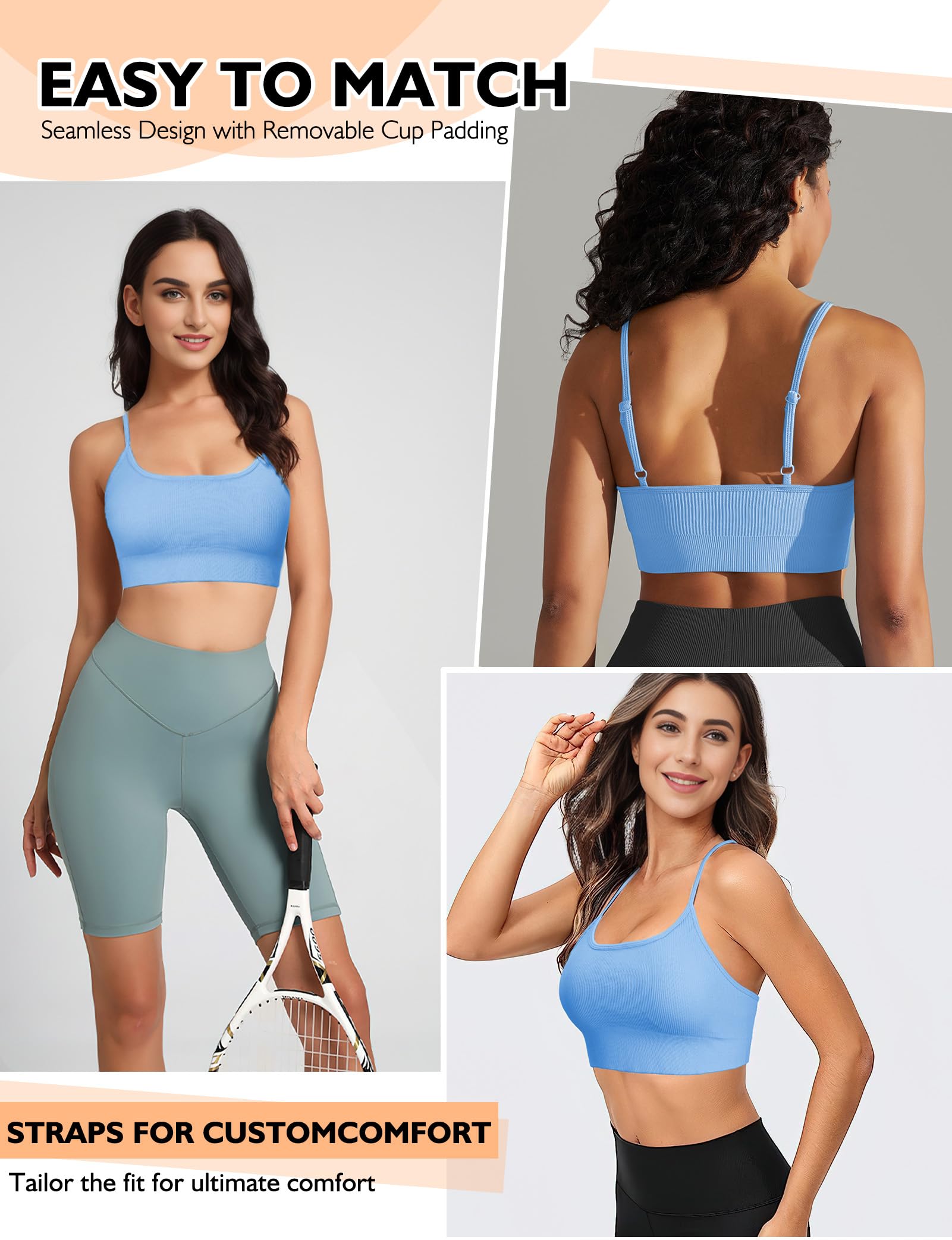Women's Scoop Neck Sports Bras - Adjustable Spaghetti Strap Workout Bras with Padding, Wireless Yoga Bras for Running, Gym & Active Lifestyle