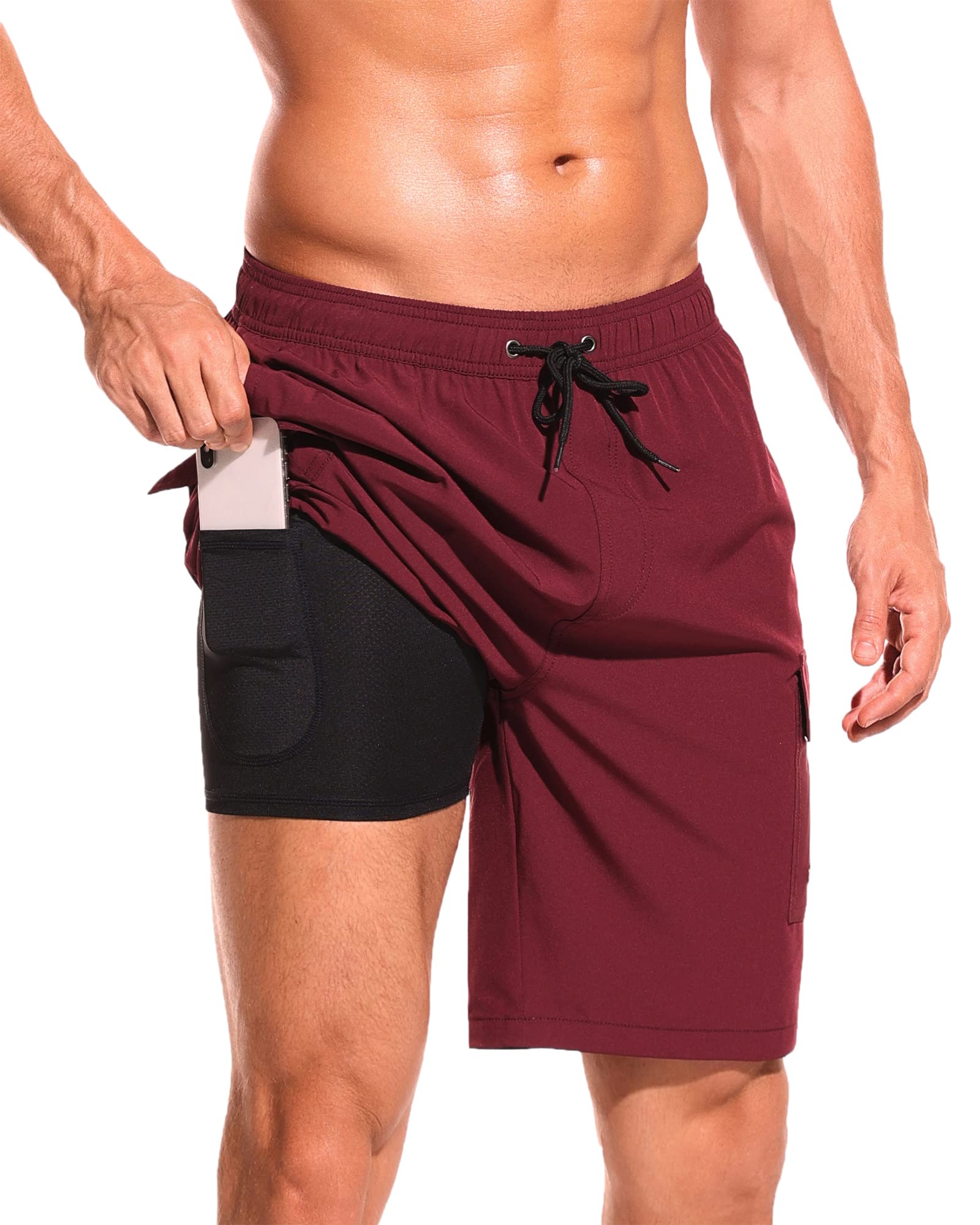 SILKWORLD Men's Quick Dry Swim Trunks with Compression Liner - 9 Inch Bathing Suits with Cargo Pockets for Swimming, Beach & Water Sports | Comfortable & Stylish Swimwear for Men