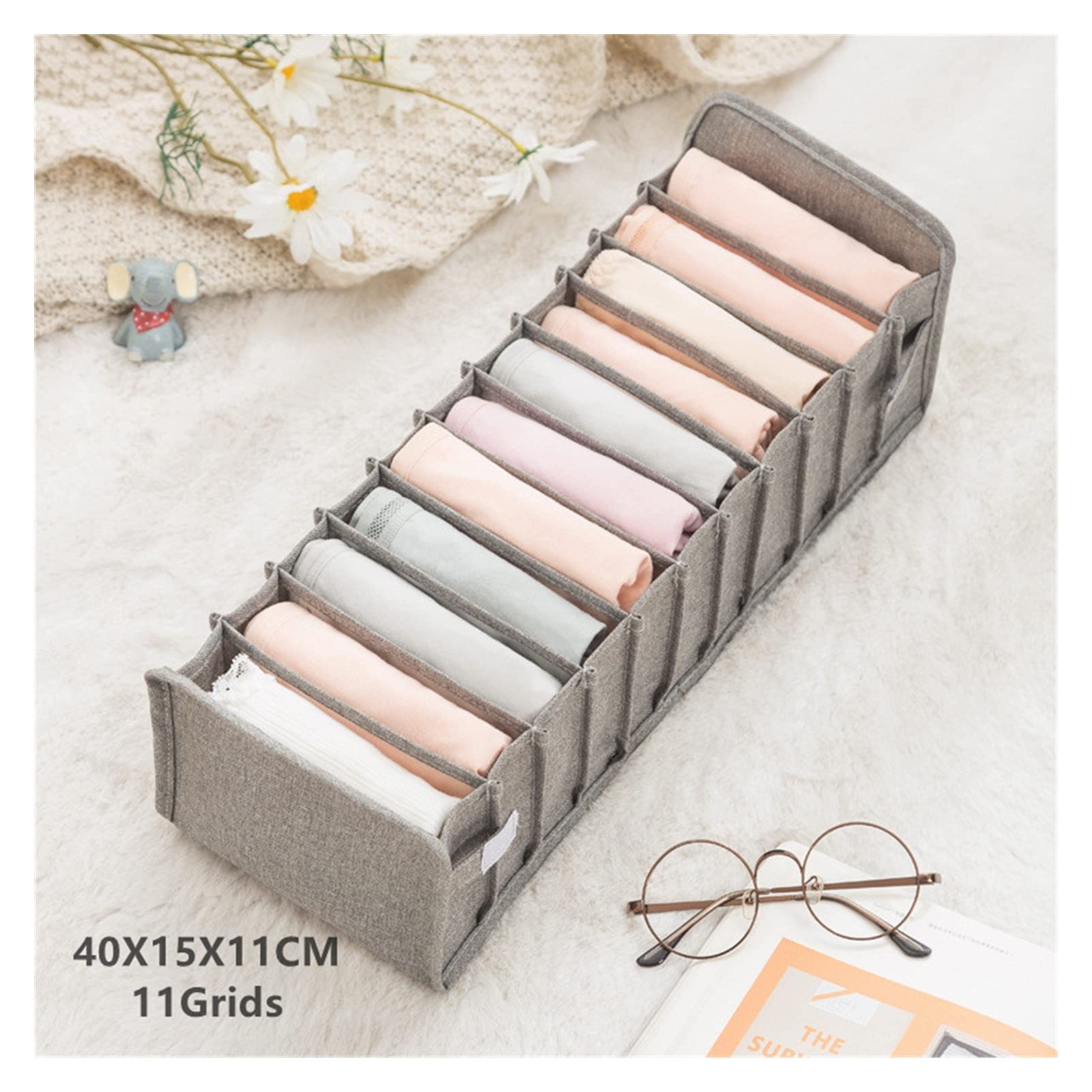 Foldable Underwear Storage Box with Dividers - Gray 11-Grid Organizer for Socks, Bras & Underpants | Space-Saving Closet & Drawer Organizer for Home, Dorm & Travel | Durable Household Clothes Sorting Tool