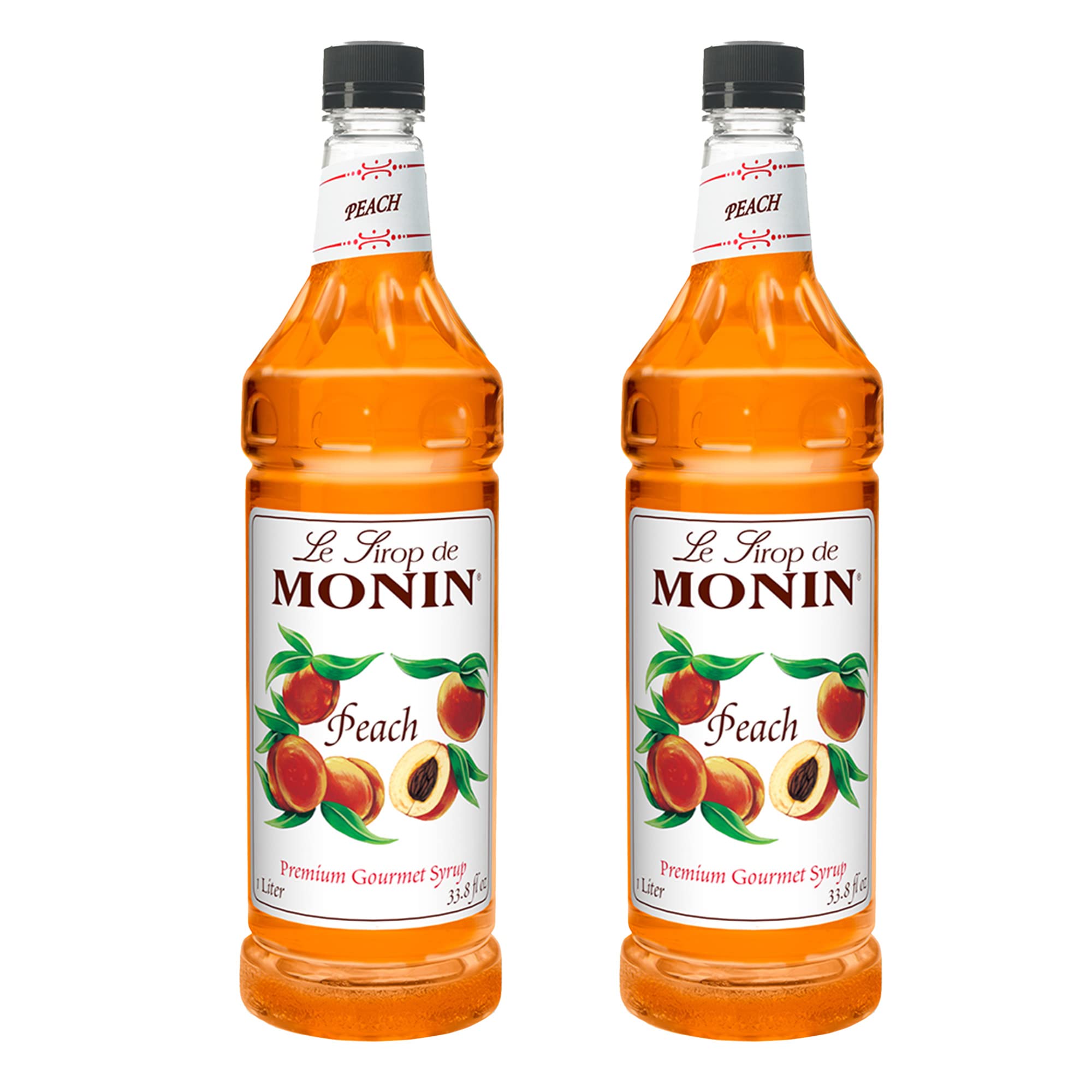 Monin Peach Syrup - 1 Liter, 2-Pack | Fresh & Juicy Non-GMO Gluten-Free Flavoring for Iced Tea, Lemonade, Soda, Cocktails & Mocktails | Perfect for Summer Drinks, Coffee Shops & Home Bars