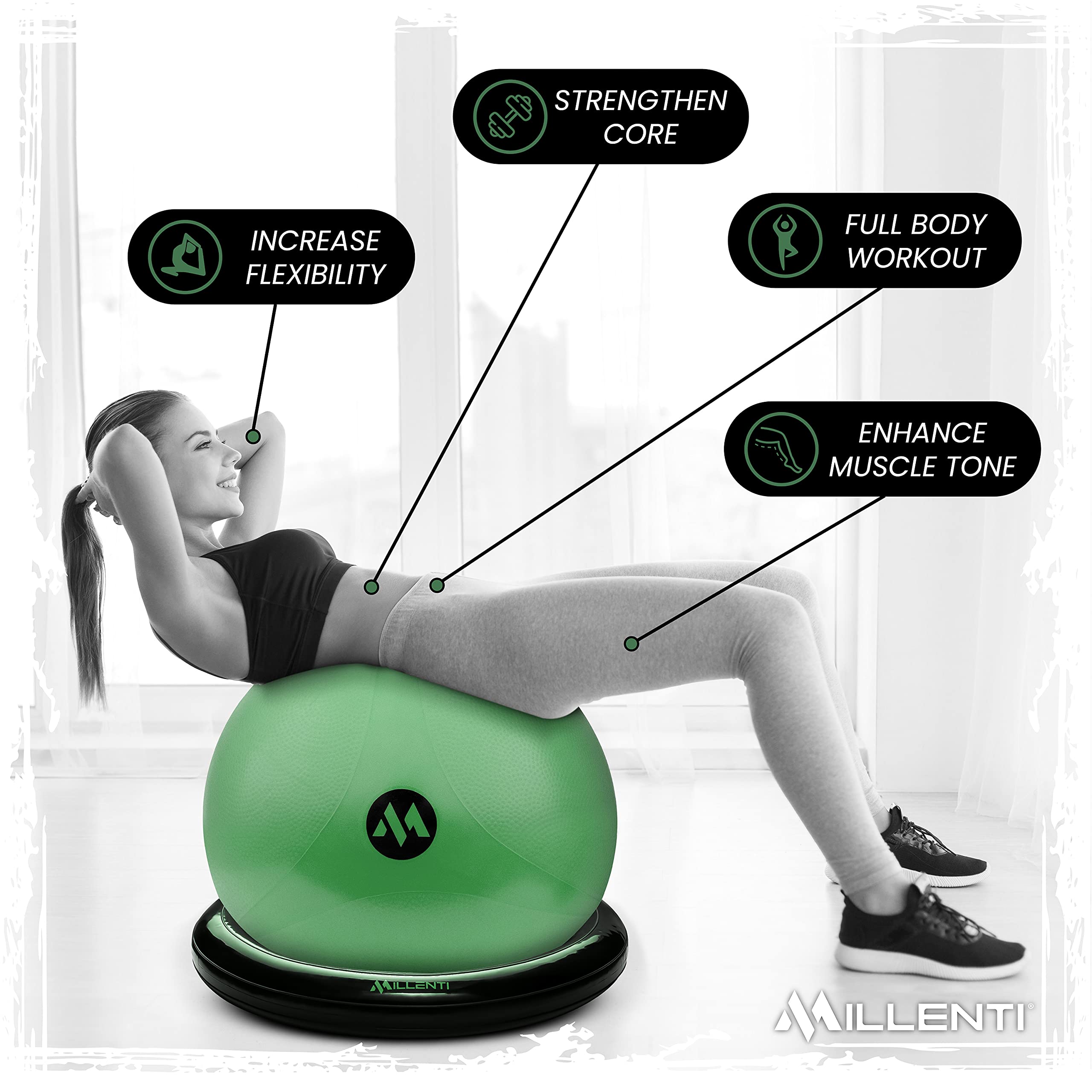 Millenti 65cm Exercise Ball Chair with Stability Base Ring Kit & Resistance Bands - Yoga, Pilates, Home Gym, Office Chair & Pregnancy Birthing Ball - Includes Workout Chart for Fitness & Posture Support