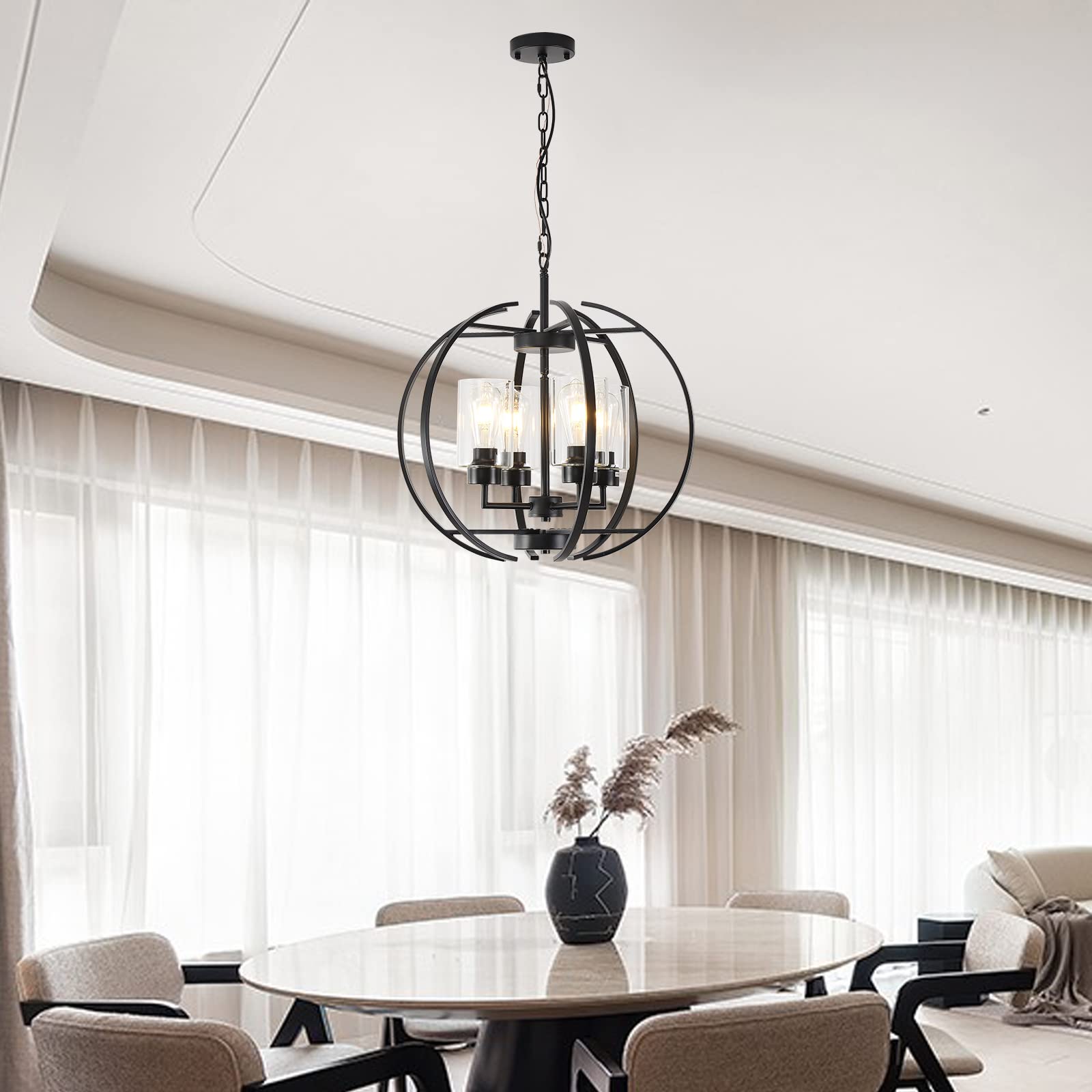 Black Chandelier Lighting with Clear Glass - 4-Light Farmhouse Ceiling Fixture for Dining Room & Kitchen | Elegant Hanging Light for Home Decor, Wedding Venues & Restaurants