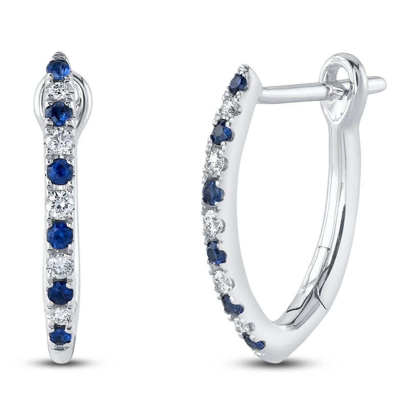 14K White Gold Diamond & Natural Blue Sapphire Tapered Hoop Earrings 0.15 CTW - Elegant Dangle Earrings for Women, Perfect for Weddings, Parties & Special Occasions