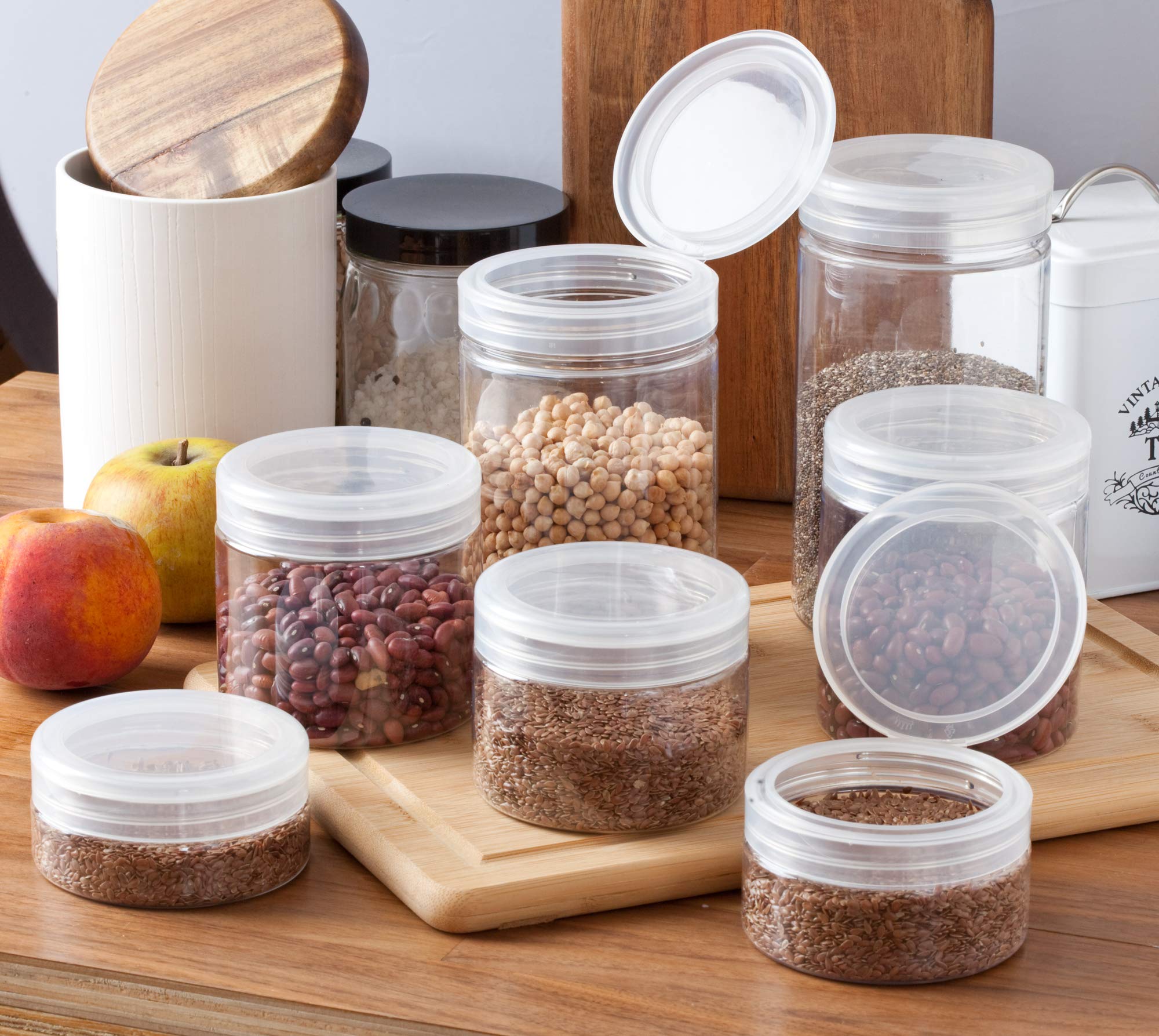 JUVITUS 19 oz Clear Large PET Plastic BPA Free Refillable Jars with Flip Top Lids - 6 Pack with Labels for Food Storage, Spices, Bath Salts & DIY Crafts