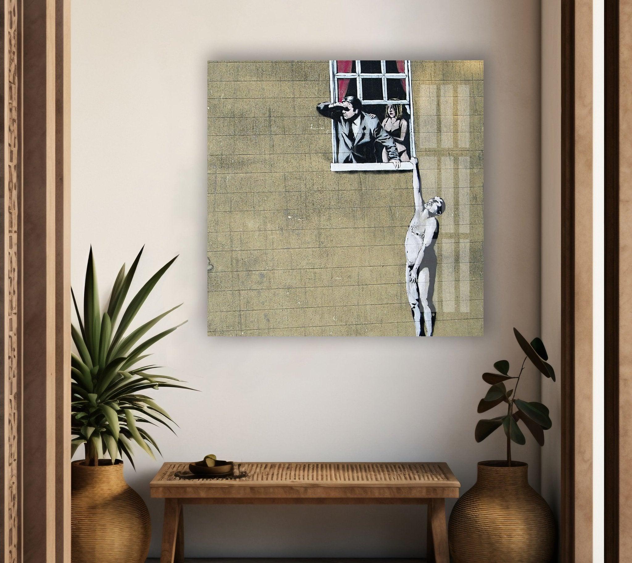 Banksy Well Hung Lover Glass Wall Art - Modern Street Art Home Decor for Living Room, Bedroom & Office - Unique Gift for Art Lovers