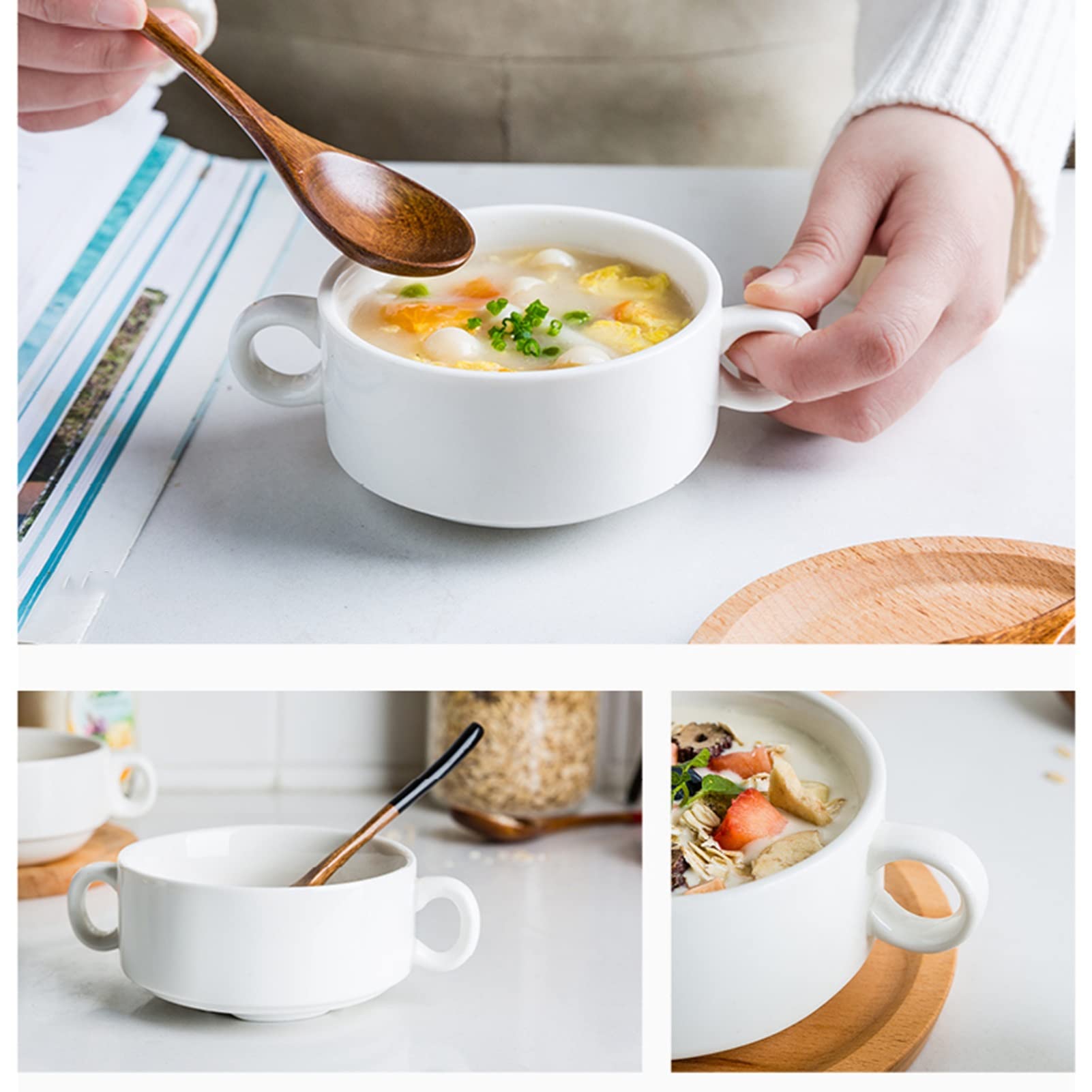 6-Piece Ceramic Soup Bowls with Handles - Microwave & Oven Safe White Bowls for French Onion Soup, Cereal, Chili, Stew, Salad & Fruit - Perfect for Dining, Entertaining & Everyday Use (10 oz, White)