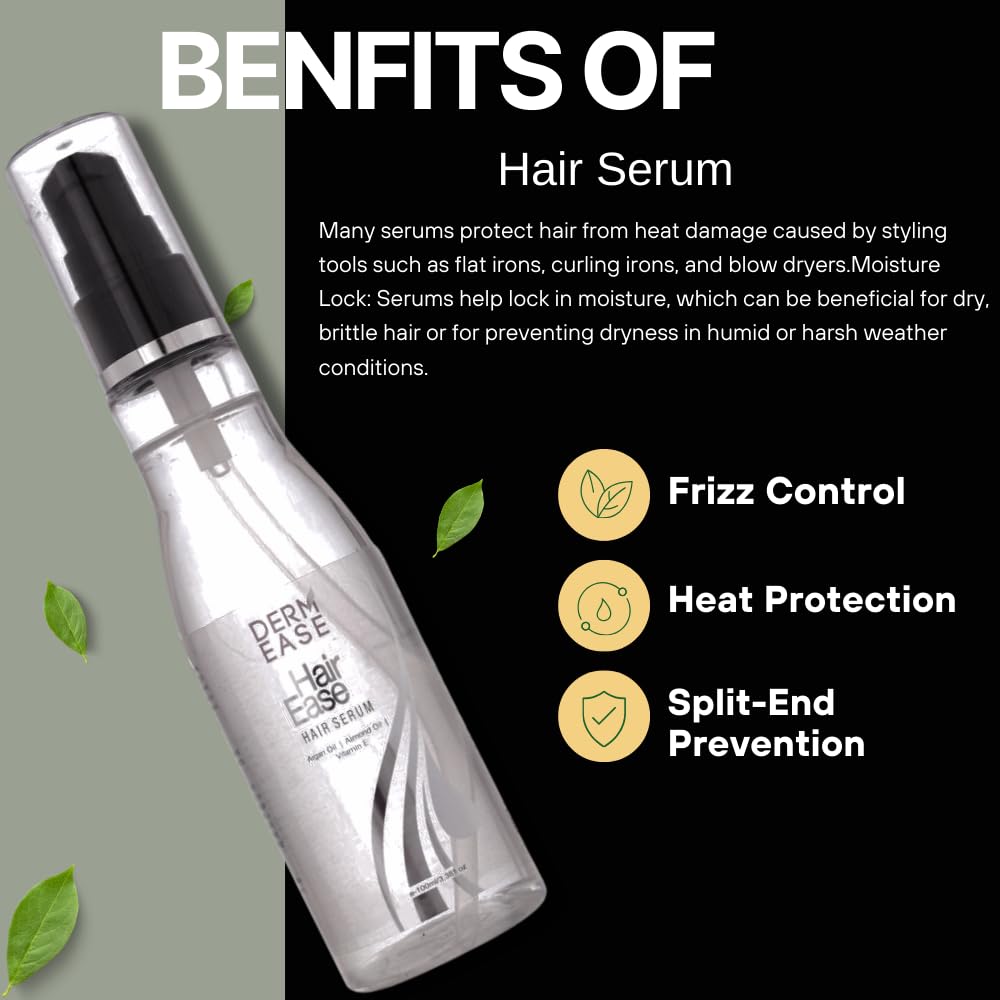 Derm Ease Hair Serum with Argan Oil, Almond Oil & Vitamin E - Repairing Treatment for Frizzy, Damaged Hair - Men & Women (100ml) - Perfect for Daily Hair Care & Salon-Quality Results at Home