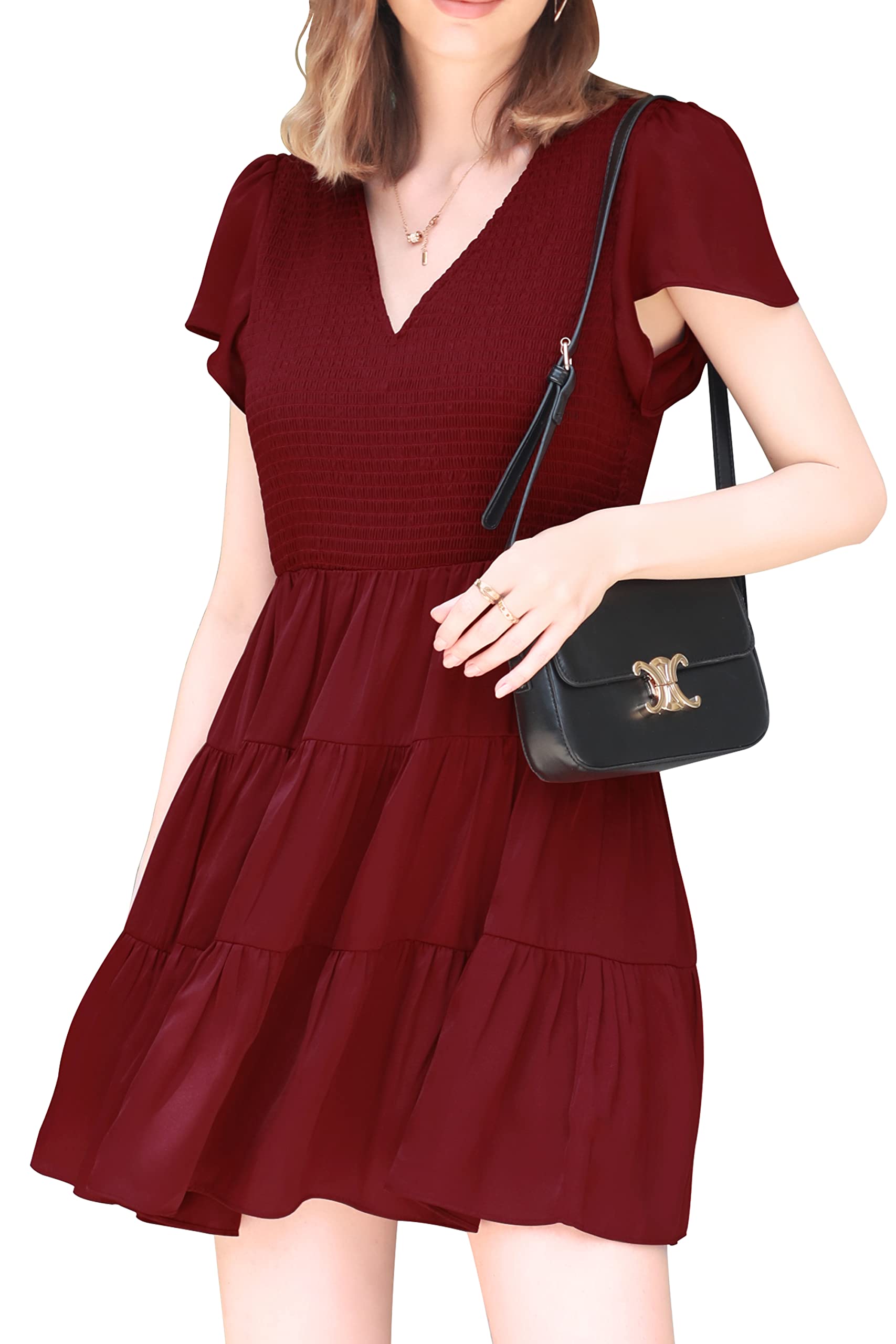 Women's Smocked Mini Dress - Casual V-Neck Tiered Tunic with Flutter Cap Sleeves | Summer Babydoll Dress for Teens | Perfect for Beach Outings, Date Nights & Casual Wear