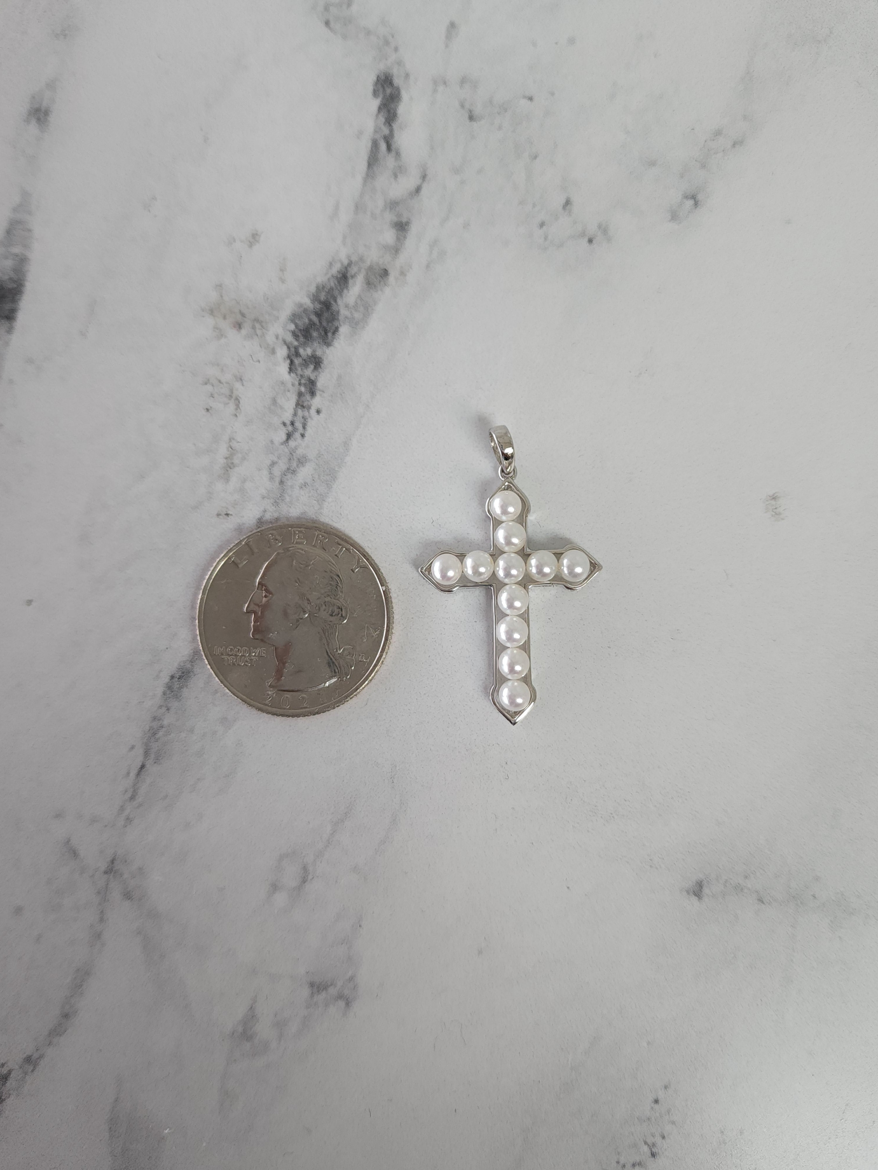 Elegant Pearl Cross Pendant Necklace with White Gold Bezel - Perfect for Baptism, First Communion & Religious Gifts