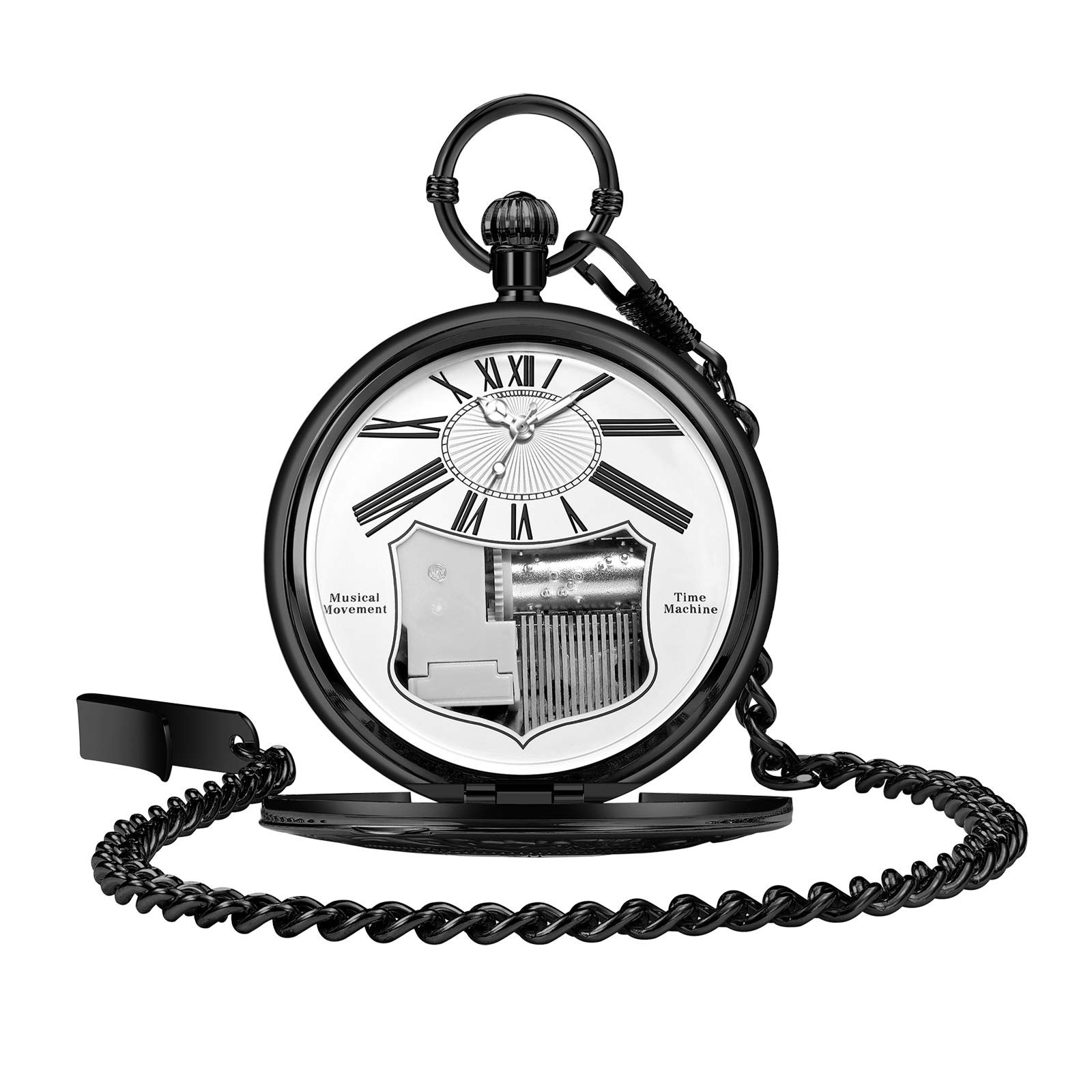 Vintage Skeleton Pocket Watch Music Box - Oversized Quartz Pendant Watch with Hand Crank Movement - Unique Birthday, Valentine's, Thanksgiving & Christmas Gift for Her/Him - Perfect for Steampunk Fashion, Wedding Favors and Vintage Home Decor